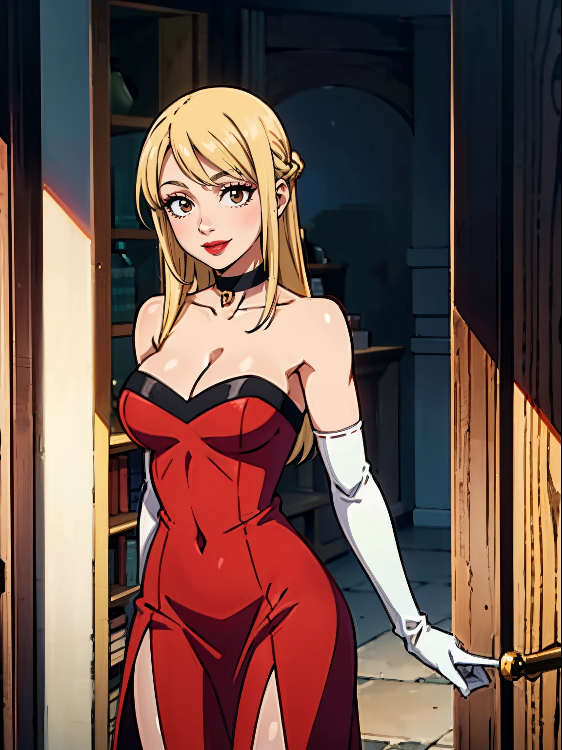 Lucy_Heartfilia, long hair, brown eyes, blonde hair, red dress, long dress, strapless dress, long white elbow gloves, smile, light red lipstick, eye shadow, makeup, black choker, cowboy shot