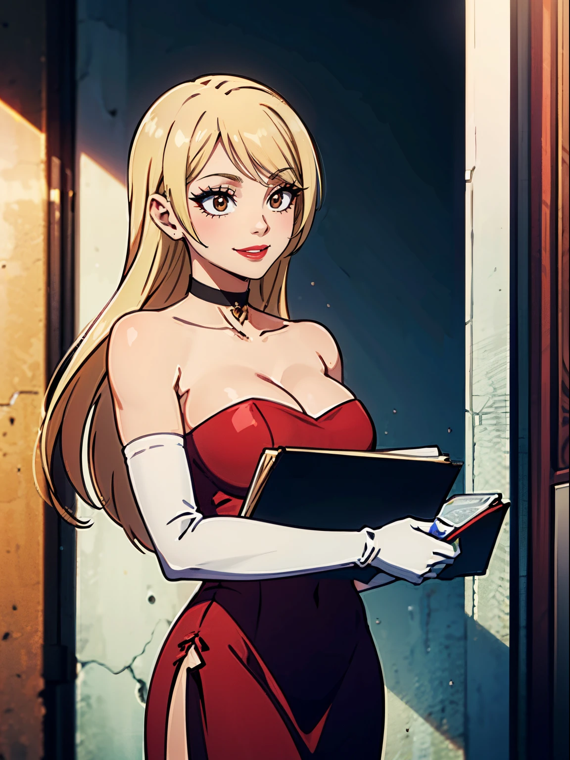 Lucy_Heartfilia, long hair, brown eyes, blonde hair, red dress, long dress, strapless dress, long white elbow gloves, smile, light red lipstick, eye shadow, makeup, black choker, cowboy shot