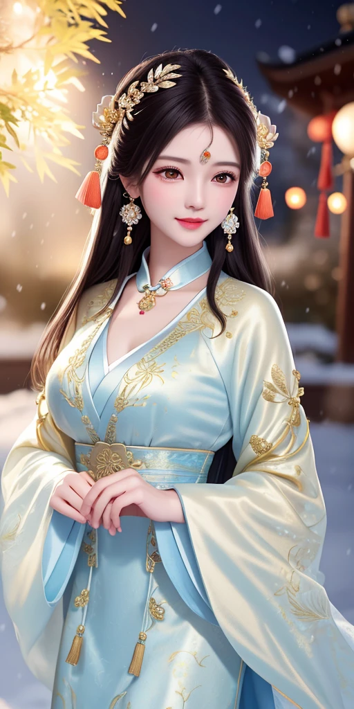 best quality, masterpiece, highres, 1girl, transparent silk china dress, cotton robe, hair ornament, smile, closed mouth,lips, dress,hair ornament, necklace, jewelry, chinese clothes, long hair, earrings, detailed beautiful eyes,detailed eyelash, Beautiful face,upon_body, tyndall effect,photorealistic, rim lighting, two tone lighting,(high detailed skin:1.2), 8k uhd, dslr, soft lighting, high quality, volumetric lighting, candid, Photograph, high resolution, 4k, 8k, Bokeh, in garden, falling snow, winter, (gigantic breasts:0.75)