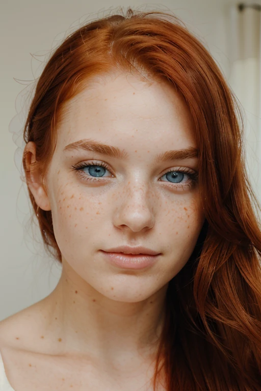Beautiful model face, freckles, red haired, blue eyes, big eyes, big lips