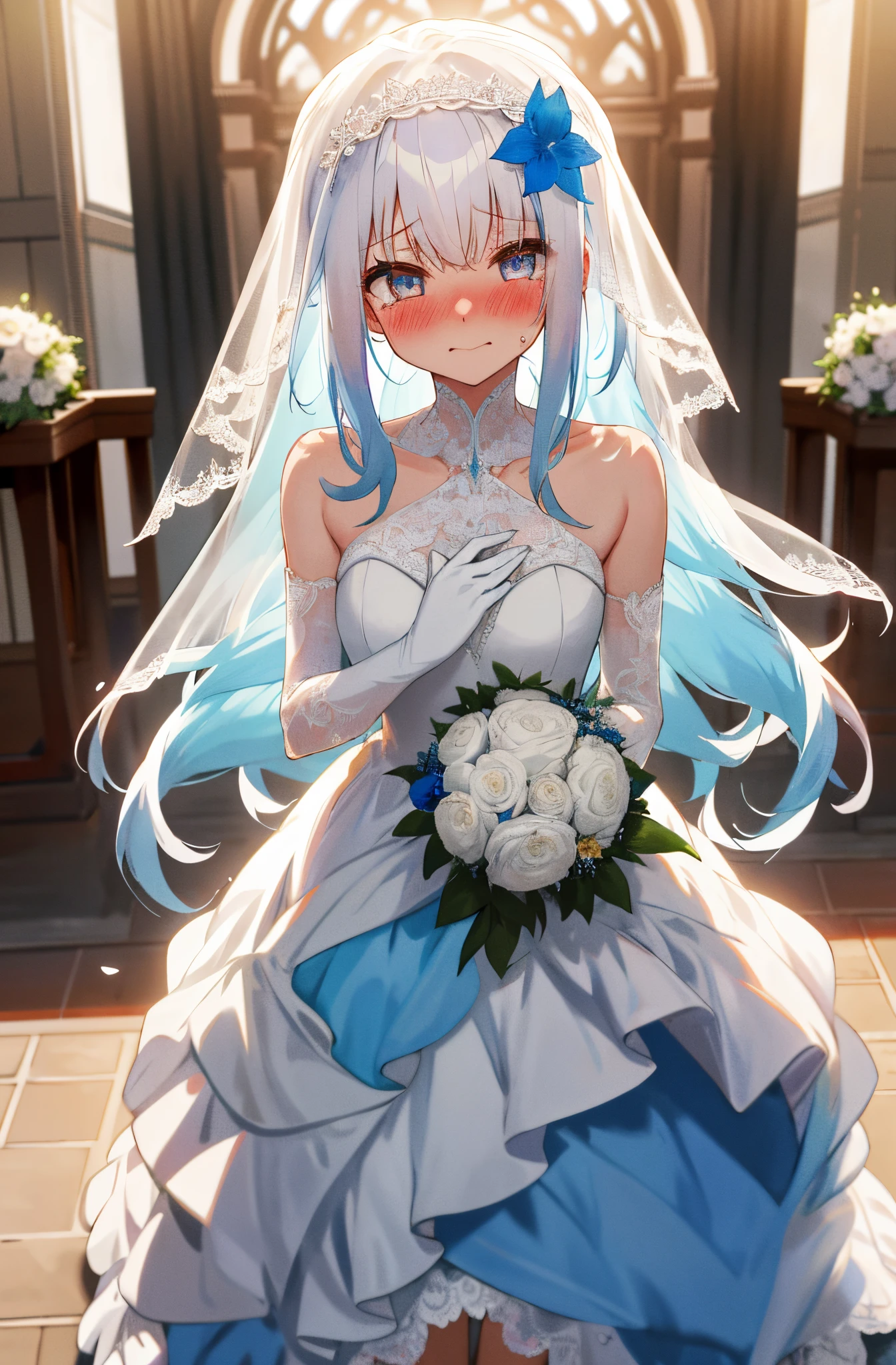 One girl with long curly hair, white hair, blue inner hair, looking at viewer, blushing, embarrassed, little smile, tears, wedding venue, beach, flower, wedding dress, bridal veil, lace gloves, dizzy, mid-chest, perfect waist, spread legs, day atmosphere, hair ornament, standing, Bouquet