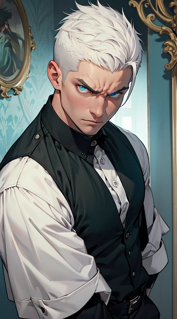 Handsome male, He has white hair, short hair, tall male with broad shoulders, muscular. His face is very masculine but he has intense eyes. pale blue eyes. very short hair, buzz cut hairstyle, black pants, black long-sleeved shirt, serious expression, glaring at the viewer, background: dark green victorian room, detailed eyes, detailed face