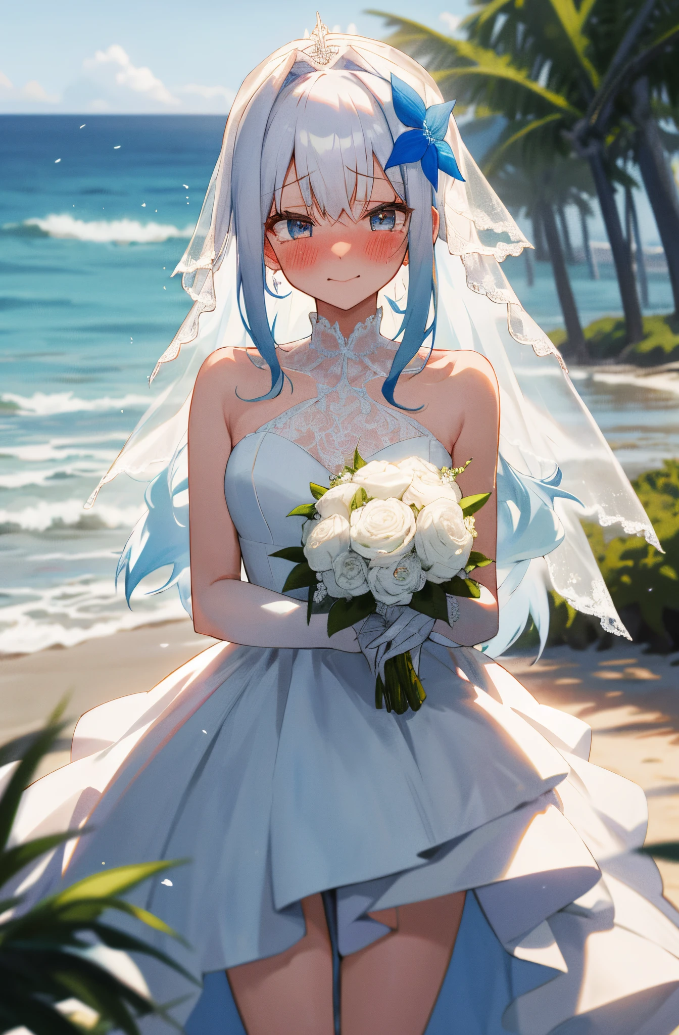 One girl with long curly hair, white hair, blue inner hair, looking at viewer, blushing, embarrassed, little smile, tears, wedding venue, beach, flower, wedding dress, bridal veil, lace gloves, dizzy, mid-chest, perfect waist, spread legs, day atmosphere, hair ornament, standing, Bouquet