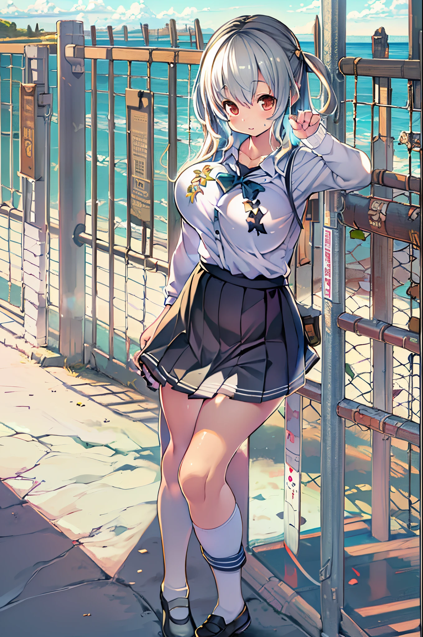 ((masutepiece)), ((Best Quality)), ((hight resolution)), ((the Extremely Detailed CG Unity 8K Wallpapers)), Solo, Tachibana plays, Tan School Uniform, Black skirt, White socks, Outdoors, Face, curtained hair, Beach, parted hair, Silver hair,huge-breasted