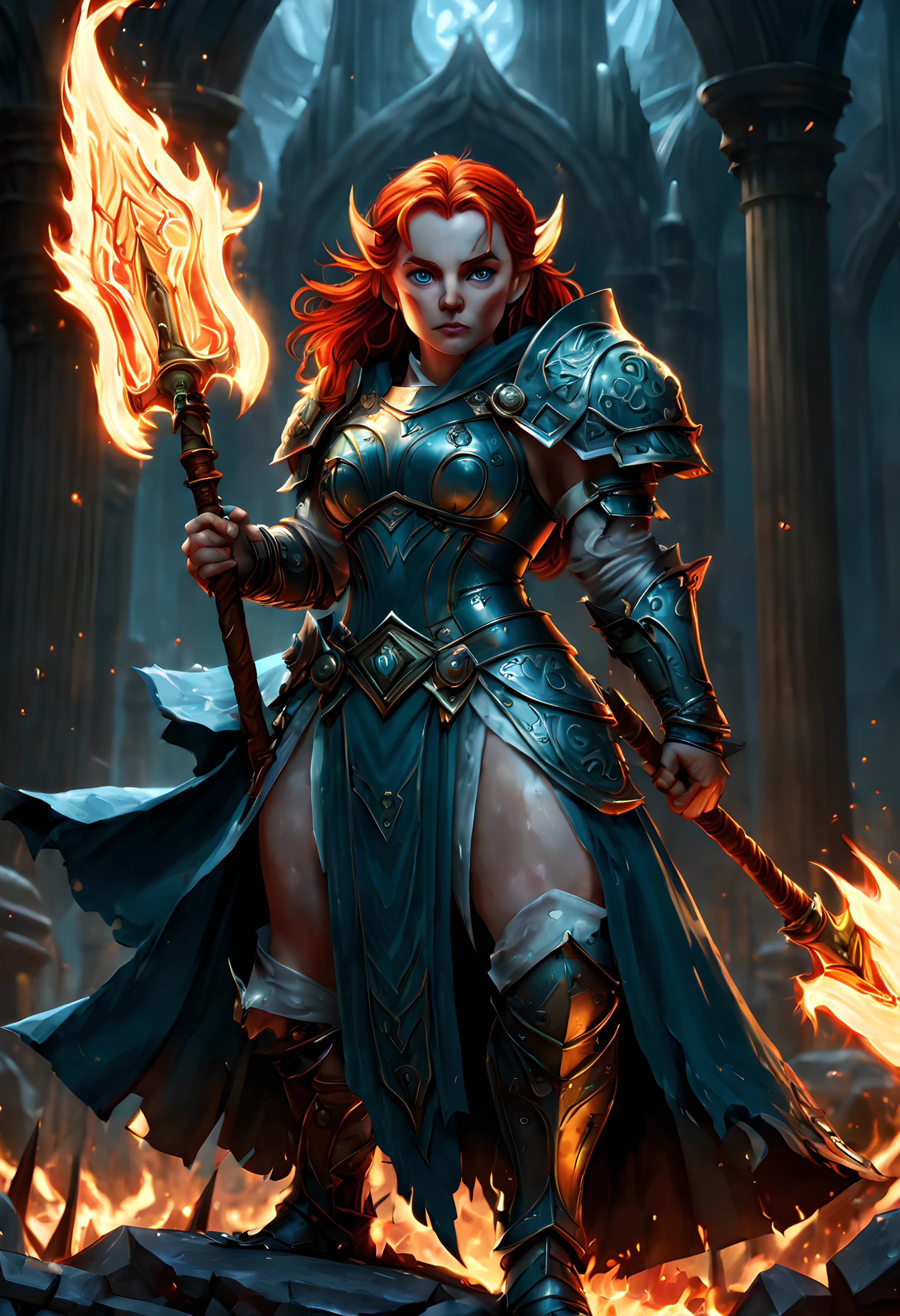 high details, best quality, 8k, [ultra detailed], masterpiece, best quality, (extremely detailed), dynamic angle, ultra wide shot, photorealistic, fantasy art, dnd art, rpg art, realistic art, an ultra wide picture of female dwarf cleric, holding axe with red fire on it , casting a spell, wearing heavy armor, white armor (best details, Masterpiece, best quality: 1.5), blue cloak (intricate details, Masterpiece, best quality), holy symbol,(best details, Masterpiece, best quality: 1.5),  from symbol GlowingRunes_paleblue, beautiful female dwarf, ultra detailed face, ultra feminine, red hair, intense eyes, green eyes, D&D female dwarf (best details, Masterpiece, best quality: 1.5) fantasy temple background, celestial background, ((divine worship atmosphere)), high details, best quality, highres, ultra wide angle, fire element, GLOWING SWORD,