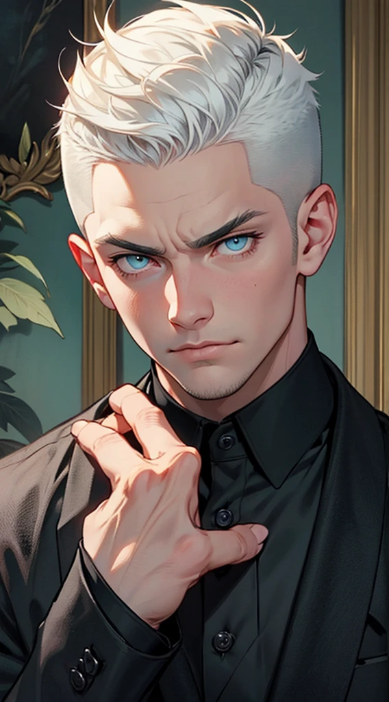 Handsome male, He has white hair, short hair, tall male with broad shoulders, muscular. His face is very masculine but he has intense eyes. pale blue eyes. very short hair, buzz cut hairstyle, black pants, black long-sleeved shirt, serious expression, looking at the viewer, background: dark green victorian room, detailed eyes, detailed face