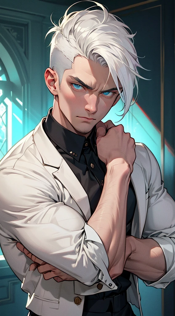 Handsome male, He has white hair, short hair, tall male with broad shoulders, muscular. His face is very masculine but he has intense eyes. pale blue eyes. very short hair, buzz cut hairstyle, black pants, black long-sleeved shirt, serious expression, looking at the viewer, background: dark green victorian room, detailed eyes, detailed face