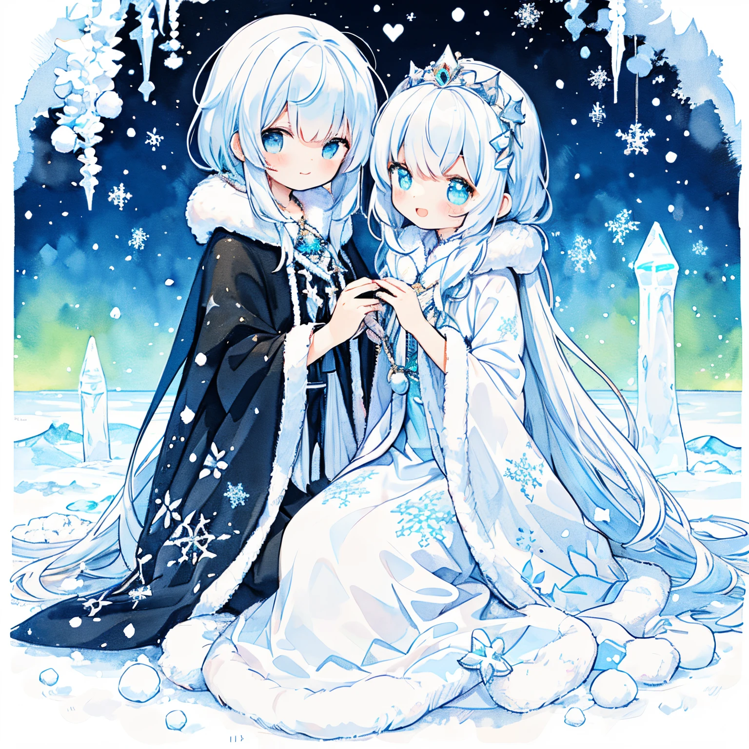 big ice castle background、(vibrant glow:1.2)、1girl with:1.3、snow queen elegance,
Floor-length gown in cool shades of silver or pale blue, Reminiscent of sparkling snow,
Intricate beadwork and sequins mimic the frost pattern on the dress。,Fluttering hair、
Add glamor and warmth with faux fur stoles and capes,
Accessorize with a crystal tiara or snowflake-shaped jewelry,
A smile、striking contrast、Beautifully detailed、(Snowflake:1.3)、natta、(mixed mesh color hair、:1.2)、、Braided hair、Lace knitting、Kamimei、Bomao、Heart Effect、Beautiful beach、bilaterally symmetrical、(PastelColors:1.5)、(Cute illustration:1.5)、(watercolor paiting:1.2)、starryskybackground、girl with、A smile、Stranger、Pale white all、Moya、marble、colourfull、rainbows、Aurora、Particles of light、(north pole、South Pole、drift ice、snow field:1.3)、natta、