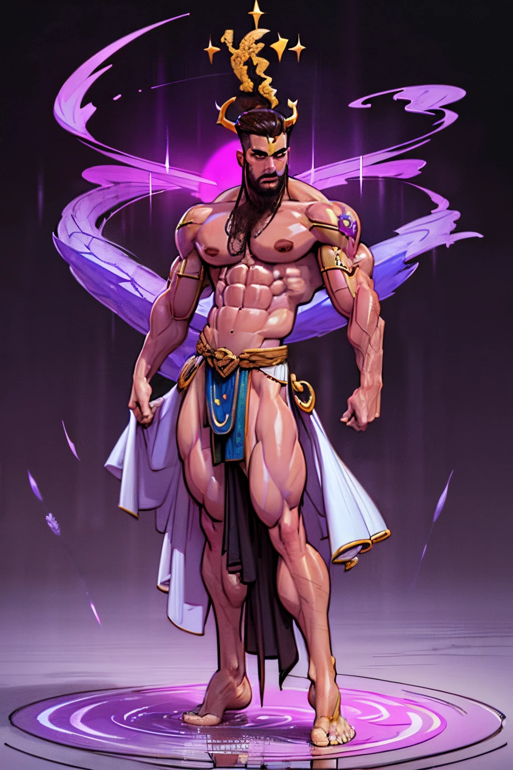 ((Confident pose:1.5)), a painting of a (((muscular))) man with water Aura, large body of water surrounds man, The God Poseidon, ((thick muscular thighs)), The God of the Sea, brown loincloth, golden horns on head, Poseidon, colored lavender skin, colored skin, ((lavender skin:1.5)),((light lavender face)), ((light lavender legs)), ((light lavender arms)), ((lavender feet)), God of the Ocean, God Shiva the Destroyer, Like an Atlantean, ((no hair)), veiny biceps, chiseled abs, muscular legs, rugged face, bald head, masterpiece, 8k