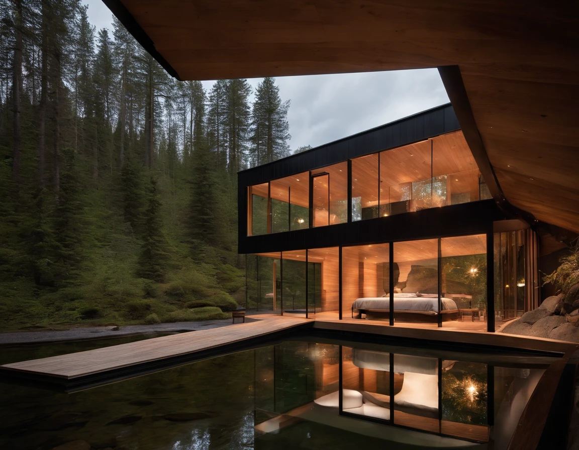 Exterior image of a tiny house duplex house in a Scandinavian nature, standing wood panel, panels in glassmirrors, avantgarde, sci-fi, science fiction, waterfall, panorama glass windows, forests, waterfall inside atrium, rocks, futuristic, floating, modern, natural pond of water,