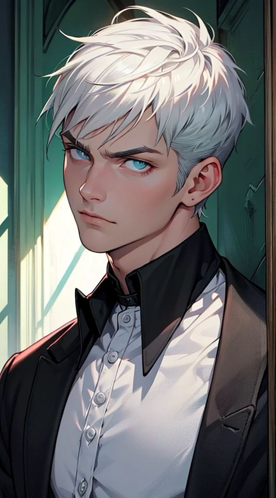 Handsome male, He has white hair, short hair, tall male with broad shoulders, muscular. His face is very masculine but he has intense eyes. pale blue eyes. very short hair, buzz cut hairstyle, black pants, black long-sleeved shirt, serious expression, looking at the viewer, background: dark green victorian room, detailed eyes, detailed face, perfect anatomy