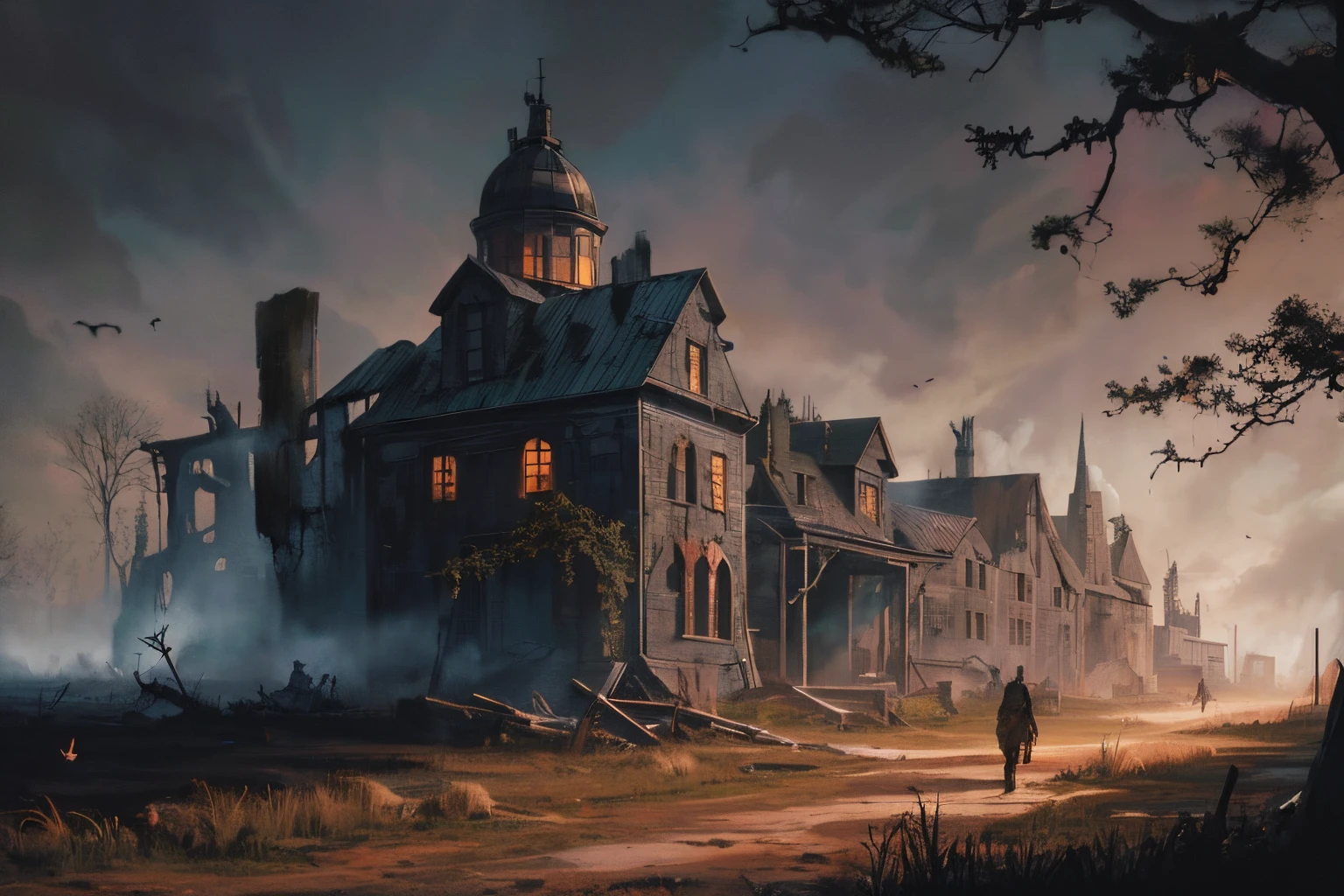 A post-apocalyptic scenery, (mysterious black fog), abandoned farm, (dilapidated),   bulb, absurdity, realistic lighting, (abyss) masterpiece, high quality, beautiful graphics, high detail, miaobishenghua  , dark soils, wind, stone fragment, beautiful detailed blood, night, moonlight, beautiful detailed farm, [(black background:1.5)::5], bloodied farm, painted as a game concept art,  library of ruina concept art,  matte painting concept art, environment painting, ruins, traditional dark forest concept art, concept art ， highly rendered, scenery game concept art, post-apocalyptic, destroyed buildings, blood stains, bloody floor, livestock farm, village, barn, beautiful butterfly, cows running, pig eating corpses, crow