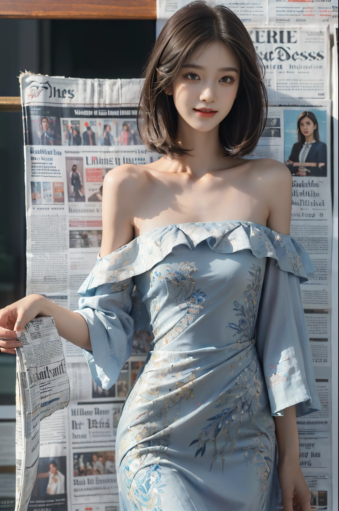 (Masterpiece, Best Quality, High Resolution),(newspapers Background),a sweet Girl,((shoulder length bob Hair)),straight Hair,small head,small face,clear face,detailed eyes,big watery eyes,detailed face,(dress made of newspapers,Gorgeous newspaper patterned evening dress),from front,full Body,small breasts,slender legs,bare feet,slim,thin,happy,laughing