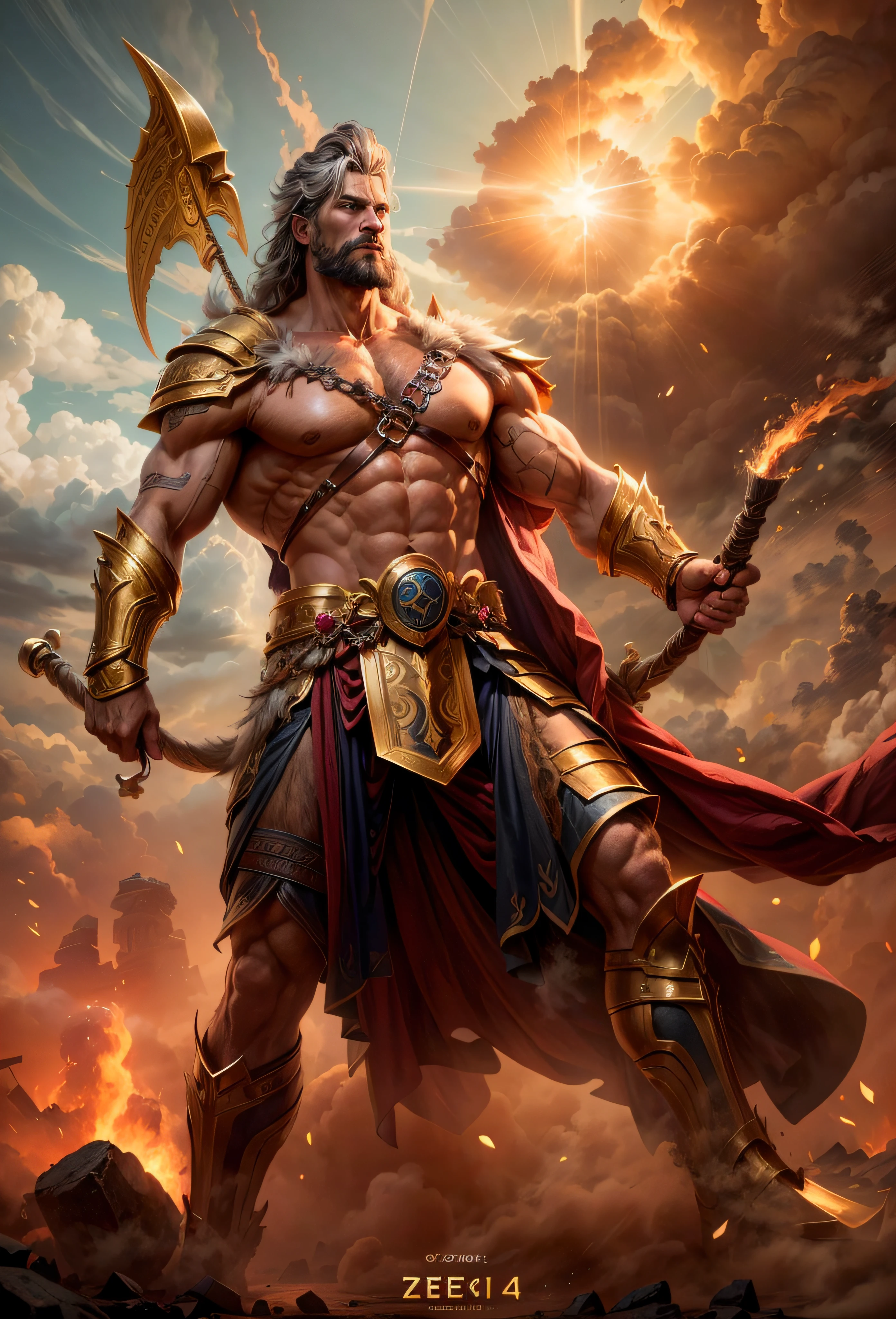 Battle of the Gods, The world was destroyed, Zeus and Hades are at war，Giant Titan，(1.4x realism，8K, hyper HD, Masterpiece, ccurate, Textured skin, High details, Best quality, Award-Awarded，Long-range shooting，Sense of distance，From the side Side, Anatomically correct, Textured skin, Super detail) curly hairs