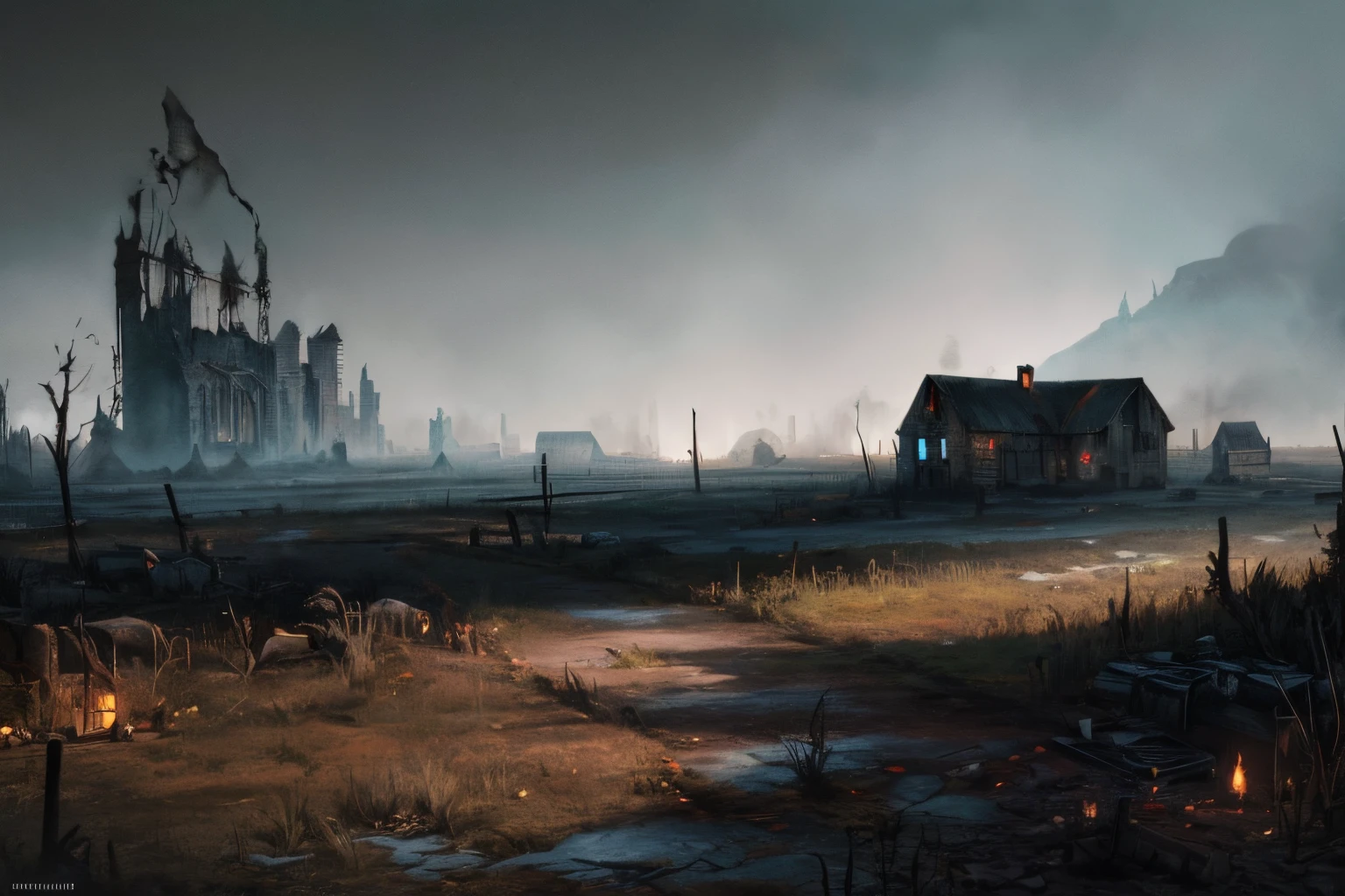 A post-apocalyptic scenery, (mysterious black fog), abandoned farm, (dilapidated),   bulb, absurdity, realistic lighting, (abyss) masterpiece, high quality, beautiful graphics, high detail, miaobishenghua  , dark soils, wind, stone fragment, beautiful detailed blood, night, moonlight, beautiful detailed farm, [(black background:1.5)::5], bloodied farm, painted as a game concept art,  library of ruina concept art,  matte painting concept art, environment painting, ruins, traditional dark forest concept art, concept art ， highly rendered, scenery game concept art, post-apocalyptic, destroyed buildings, blood stains, bloody floor, livestock farm, village, barn, beautiful butterfly, cows running, pig eating corpses, crow