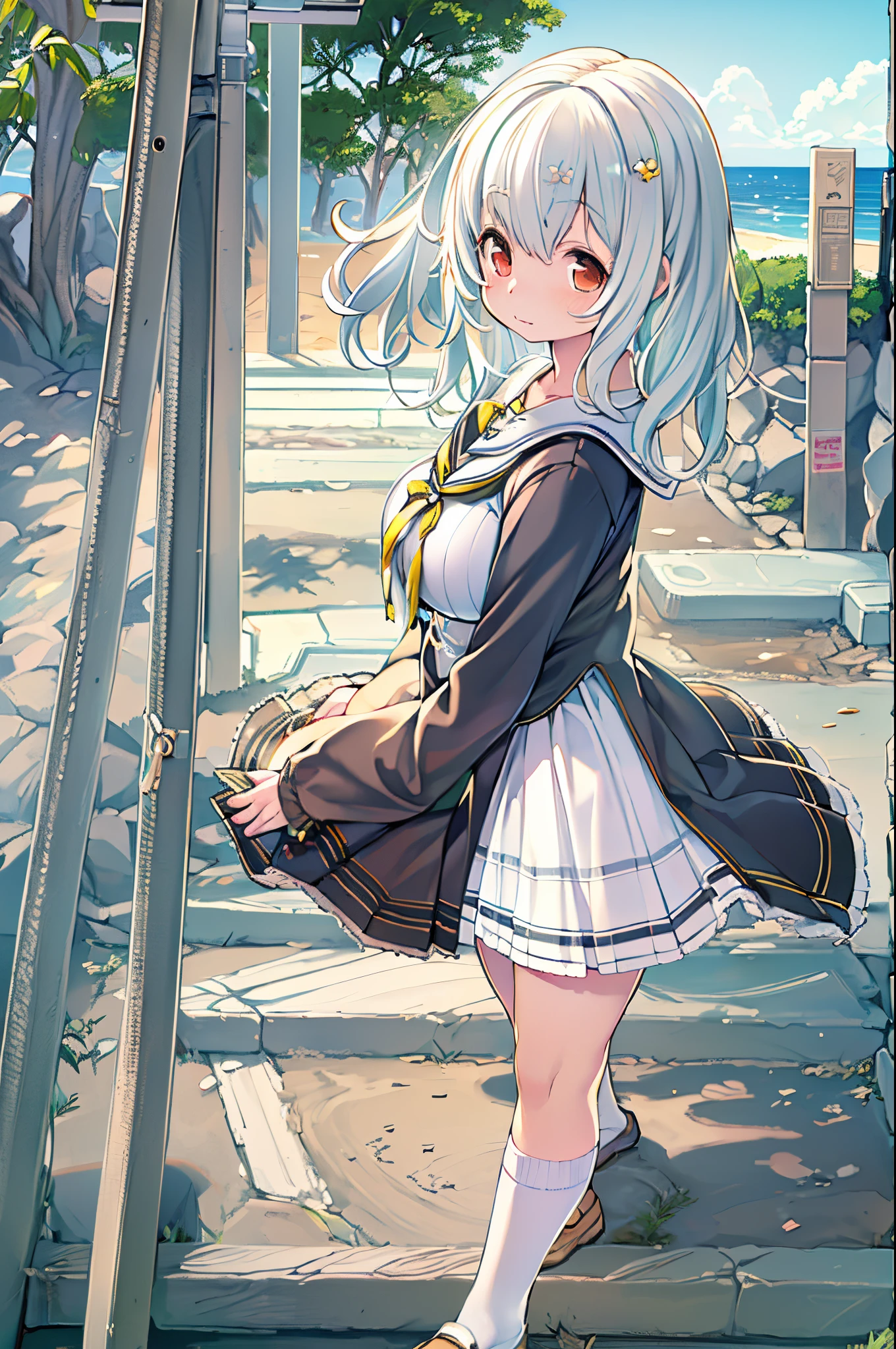 ((masutepiece)), ((Best Quality)), ((hight resolution)), ((the Extremely Detailed CG Unity 8K Wallpapers)), Solo, Tachibana plays, Tan School Uniform, Black skirt, White socks, Outdoors, Face, curtained hair, Beach, parted hair, Silver hair,huge-breasted