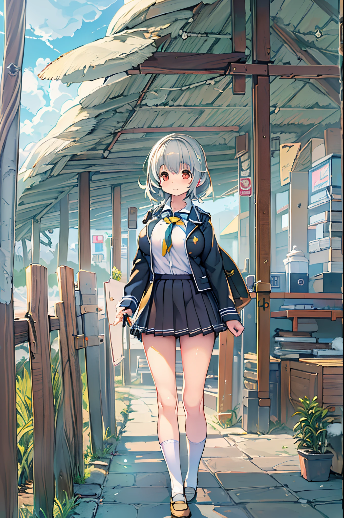 ((masutepiece)), ((Best Quality)), ((hight resolution)), ((the Extremely Detailed CG Unity 8K Wallpapers)), Solo, Tachibana plays, Tan School Uniform, Black skirt, White socks, Outdoors, Face, curtained hair, Beach, parted hair, Silver hair,huge-breasted