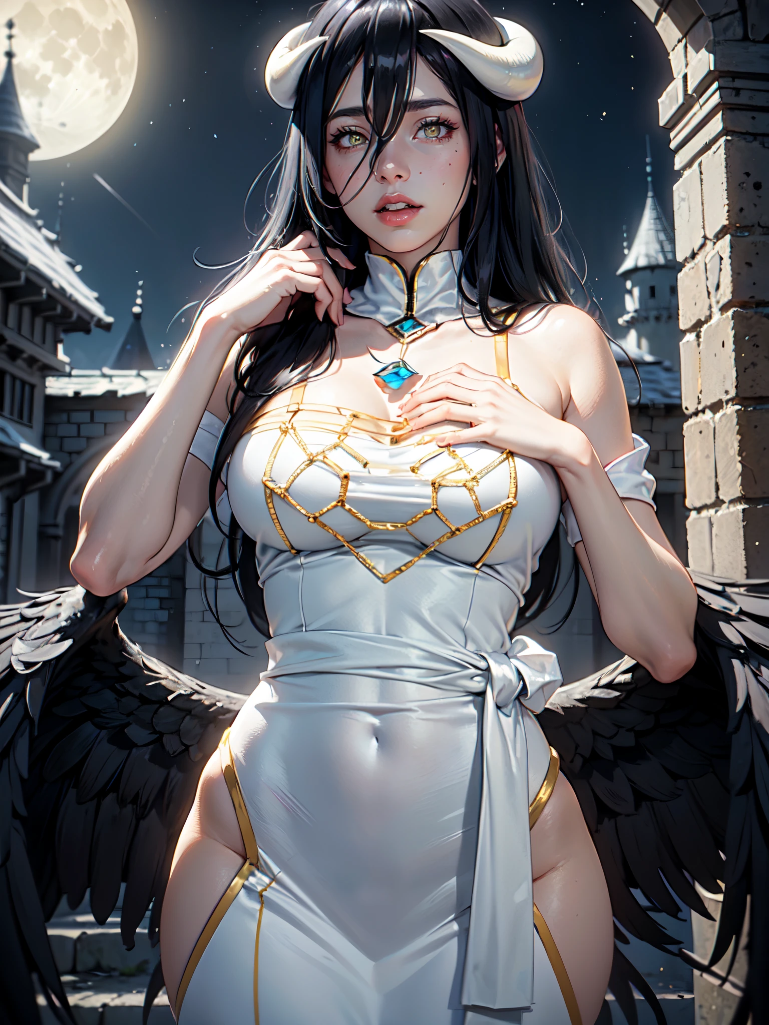 ((masterpiece)), ((best quality)), 1girl (albedo_overlord), (albedo from overlord), depth of field, pastel:1.2, slim waist, perfect body, dynamic:1.2, realistic light, Nvidia Ray tracing, (((cinematic))), intricate, (cinematic shot), (ambient occlusion), particles, volumetric light, glowing, high contrast, absolutely eye-catching, breathtaking, ((ultra detailed intricate cinematic background:1.2)), ((aroused look:1.2)), ultra detailed face, fair skin, ((beautiful face)), slightly closed eyes, (white horns), (large black wings on her back waist:1.2), (black long hair), ((yellow eyes)), (perfect hands, nice hands), (white elegant dress:1.3), (on wall of castle:1.3), (night:1.2), (moon)