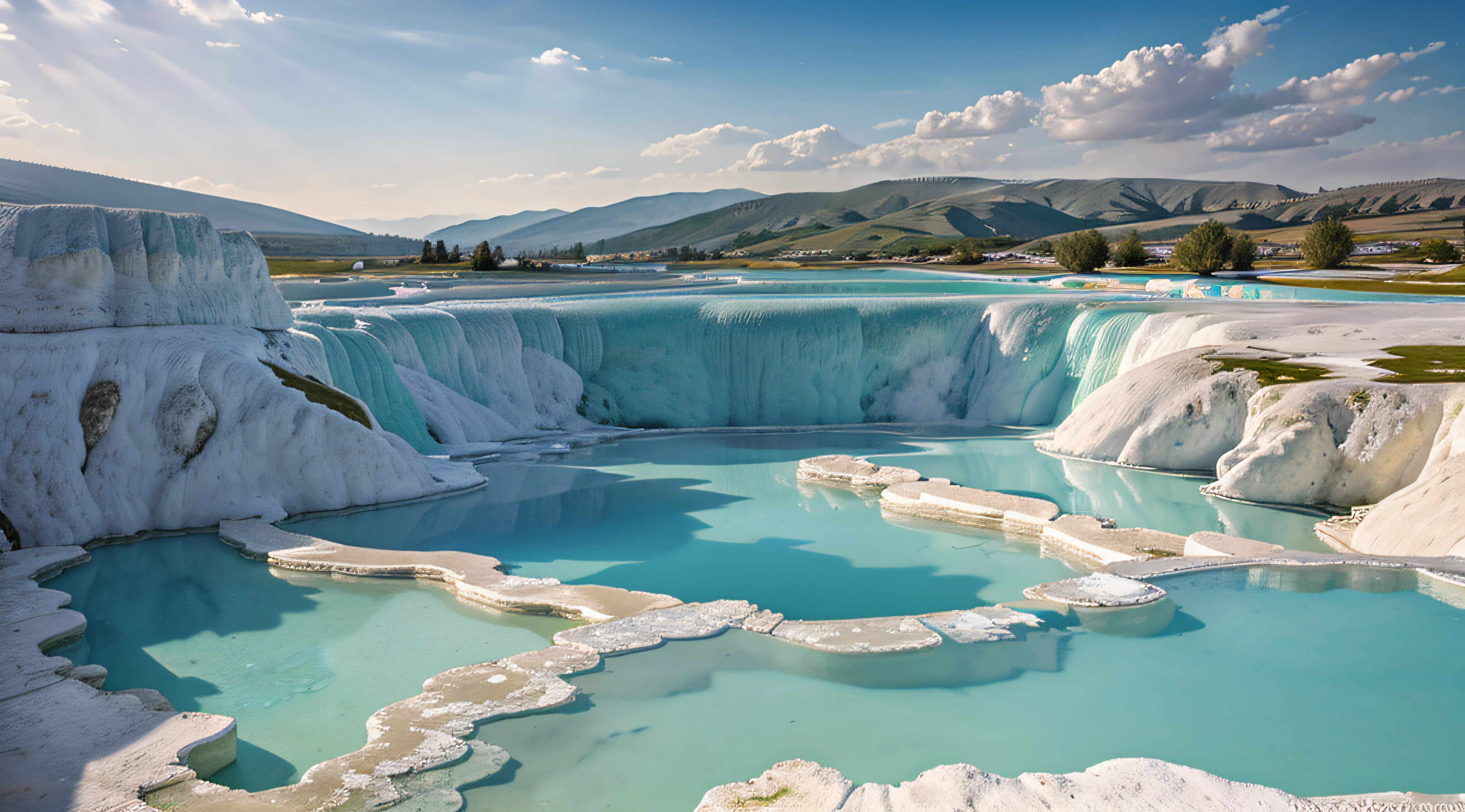 Pamukkale in Turkey. Details, Ultra-detailed, high image quality, HDR photography, 16k.
