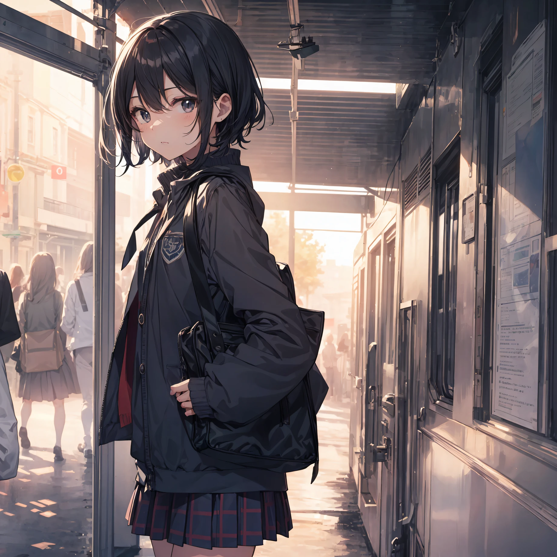 Super absurd quality by the god of art, super detailed, High resolution, anime moe art style, Best Anime 8K Kona-chan Wallpaper, pixiv contest winner, perfect anatomy, break,(眠そうにalone学校へ行く女の子を描いてください. )break,1 girl, (alone,little woman, 13 years old:1.3),All limbs, full finger,, The charm of an immature body, (very_short hair), bangs, small ass, between legs, small eyes, small black eyes, detailed and beautiful eyes, Well-proportioned iris and pupils, expressive eyes, High resolutionの詳細な髪, neck ribbon, skirt, collared shirt, pleated skirt, school uniform, school bag,(detailed lighting), (detailed background),  On the way to school. break,super dense skin, Best cinematic lighting powered by famous artist, 8k,beautiful illustrations,photoshop_(Moderate),Absurd Hi-Res,Hmm,rough skin,break,((artist:dark black,)) artist:Rinzo, artist:mitsumi misato,artist:akinashi yuu 