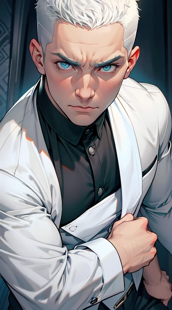 Handsome male, He has white hair, short hair, tall male with broad shoulders, muscular. His face is very masculine but he has intense eyes. pale blue eyes. very short hair, buzz cut hairstyle, black pants, black long-sleeved shirt, serious expression, looking at the viewer, background: dark green victorian room, detailed eyes, detailed face, perfect , full body,