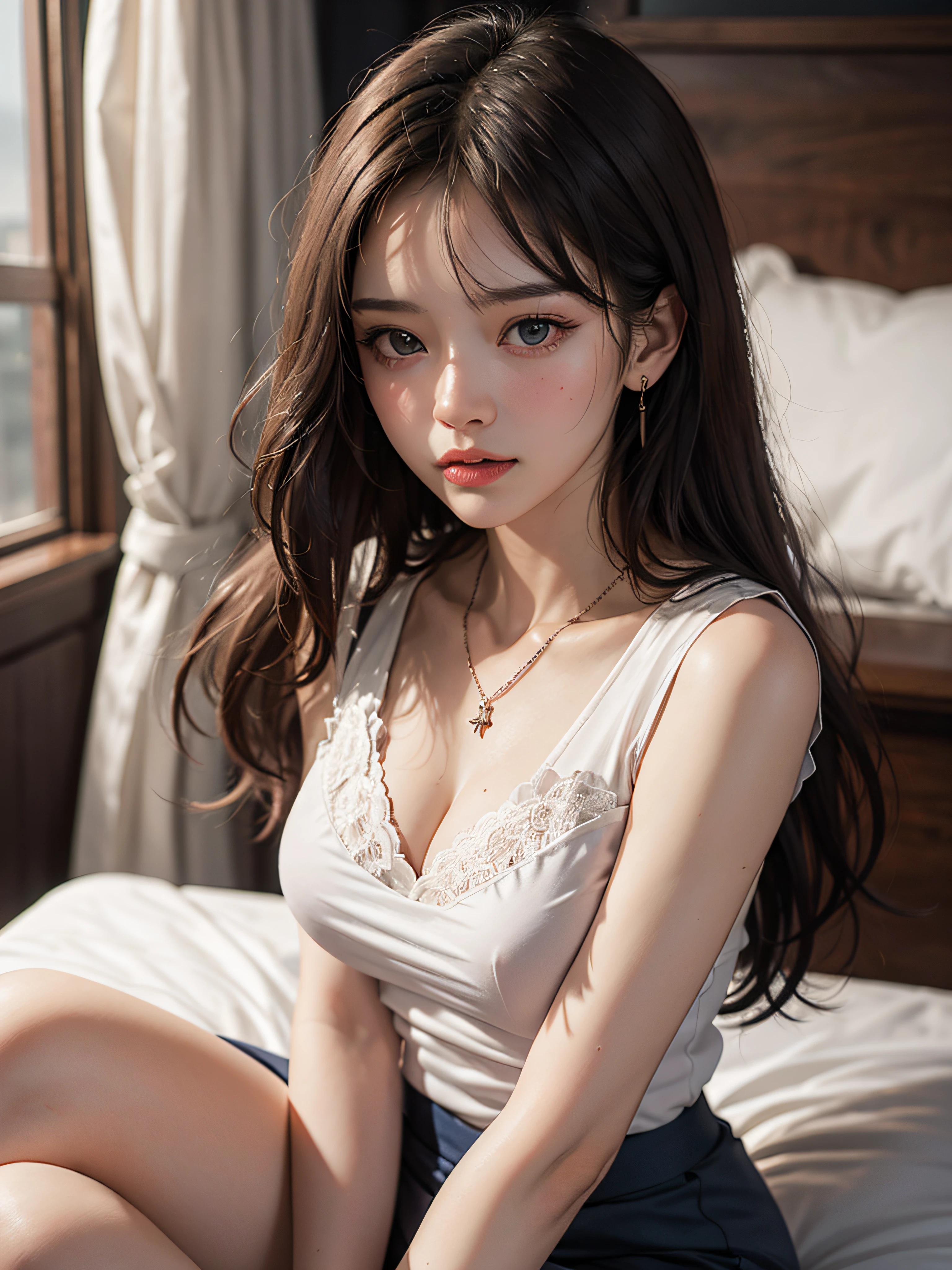 photorealisim、top-quality、超A high resolution、a picture、Photo of an exquisitely beautiful Nordic-born girl、Extraordinary beautiful girl、Highlights of cheek luster、Detailed cute and beautiful face、(pureerosface_v1:0.008)、Beautiful bangs、Glowing white shiny skin、Bangs between the eyes、shiny and beautiful hair、Silky hair、finer hair、High-definition eyes、Beautiful, Bright and clear, Big eyes shine charmingly、eye liner、Double eyelids、Full body like、dismay、red blush、embarrassed from、glares、 shiny little necklace and earrings, shiny lips: 1.4, humiliated、impatience、dismay、(Frightened:1.8)、glares、Soft breasts、cleavage of the breast、hiding chest with hands、hide crotch with hands、lift up one's skirt、red blush、embarrassed from、I see underwear、Open knees、open one's legs、Masturbation behavior、Disheveled clothes、Dressing、White blouses、Stockings、Wearing sweat、Neat and clean woman,22 years old, 1 persons、(navy blue business suit: 1.5),(tight skirts:1.8)、Wavy Hair, bangs flowing diagonally, Medium Hair, Blue-gray eyes, Big breasts、 In the hotel in the middle of the night, Sit on the edge of the bed、