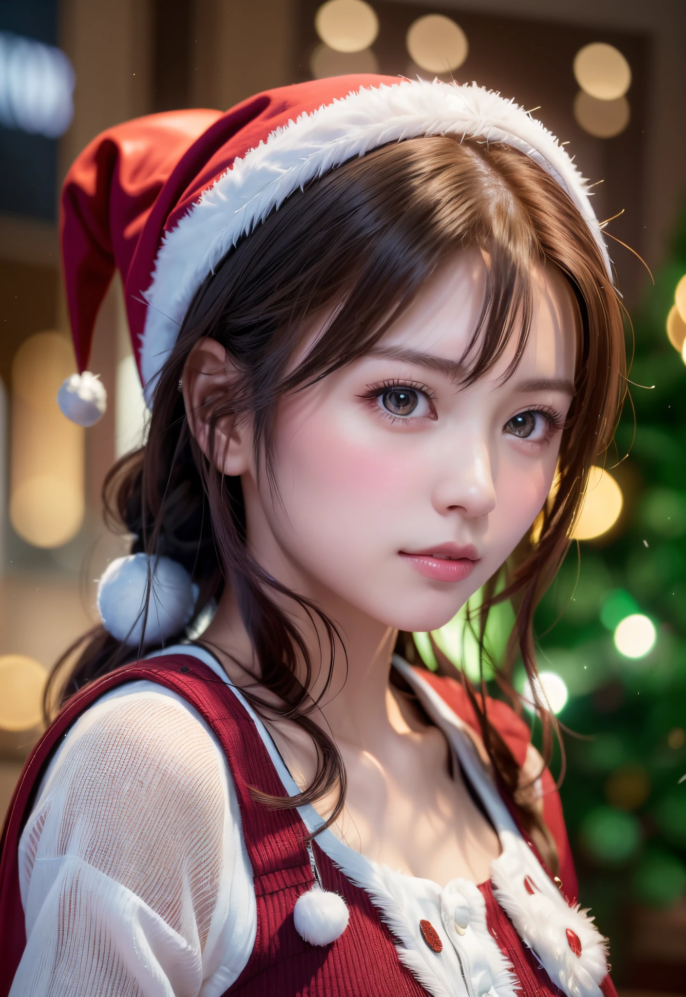 (A hyper-realistic),  (hight resolution),  (8K),  (ighly detailed),  (beatiful detailed eyes),  (top-quality),  (ultra-detailliert),  (​masterpiece),  (A detailed face), Face Focus, Soft Focus,  Beautiful woman , ((Solo)),Middle cleavage,Japanese, snowscape, ((wearing a sexy santa costume)), Wearing a Santa Hat, (her hair fits perfectly into a santa hat), yuki,((frilld)),  Beautiful detailed eyes,  Gentle smile,perfect 20 year old,1 girl,