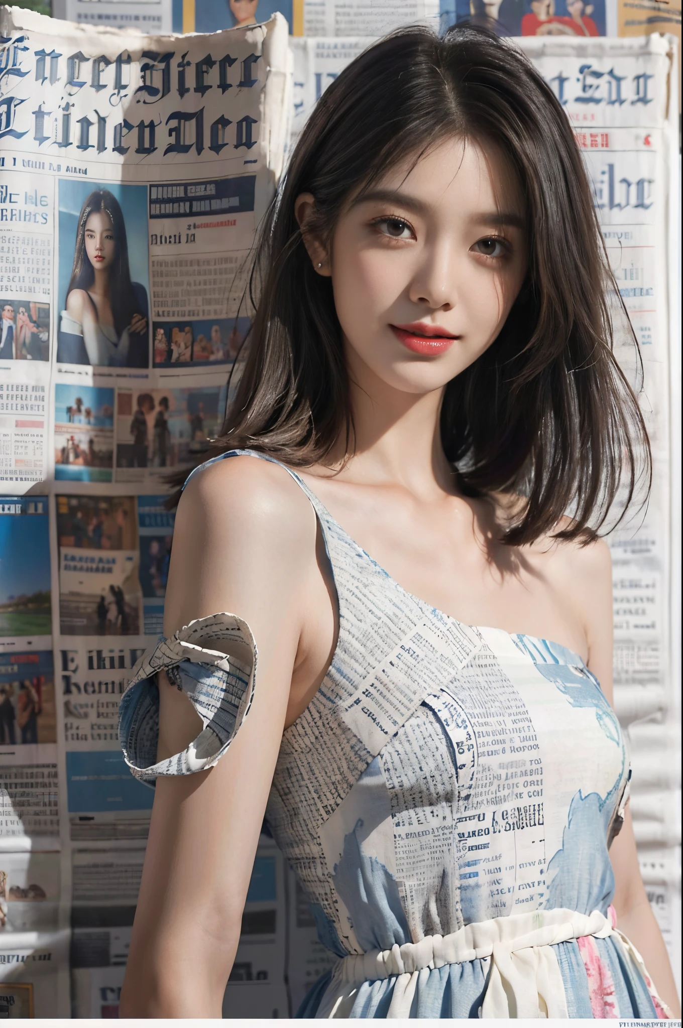 (Masterpiece, Best Quality, High Resolution),(newspapers Background),a sweet Girl,((shoulder length straight bob Hair)),straight Hair,small head,small face,clear face,detailed eyes,big watery eyes,detailed face,(dress made of newspapers,Gorgeous newspaper patterned evening dress),from front, Upper Body,small breasts,slim,thin,happy,laughing