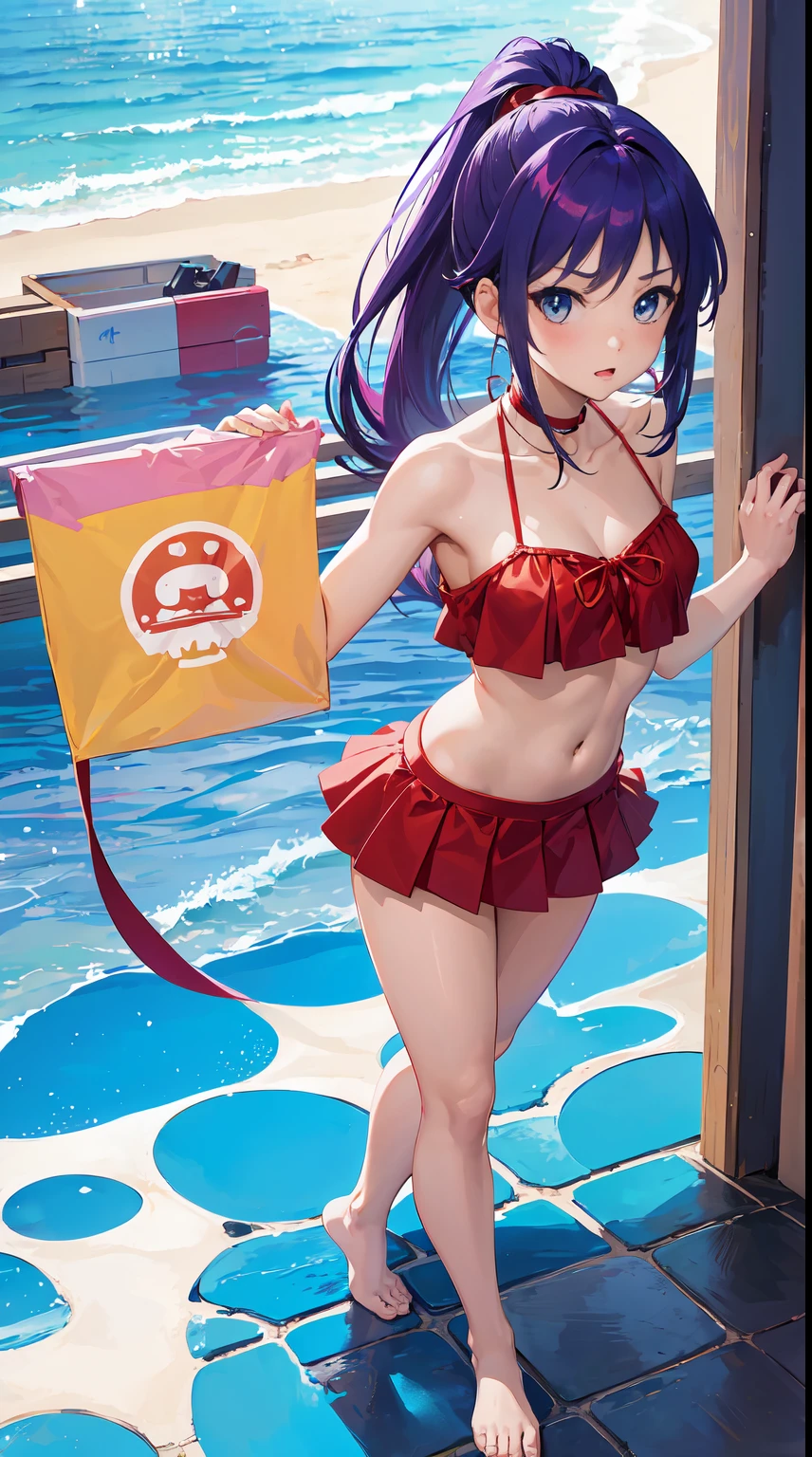a beautiful young girl with long black hair and bright red eyes, wearing a swimsuit and standing with a bright smile, holding a white paper up towards the viewer, set against a backdrop of a blue ocean and sky with shimmering light reflections on the water