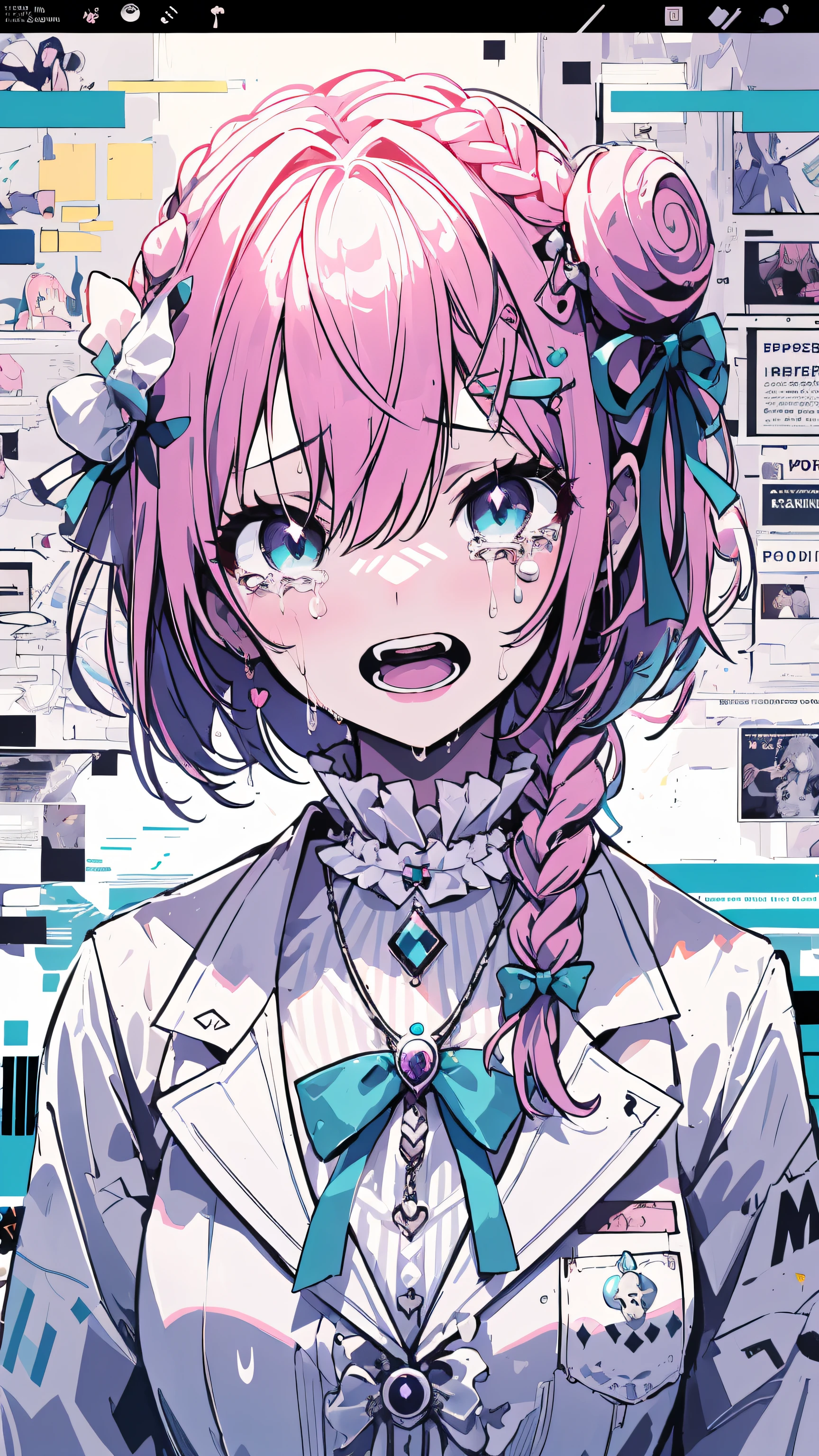 (masutepiece, Best Quality:1.2), glitched, glitched, Solo, 1girl in,aqua&#39;crying how bright , Screaming, Open mouth, crying with eyes open, Braided bangs, labcoat, Shirt, Single vertical stripe, Necklace