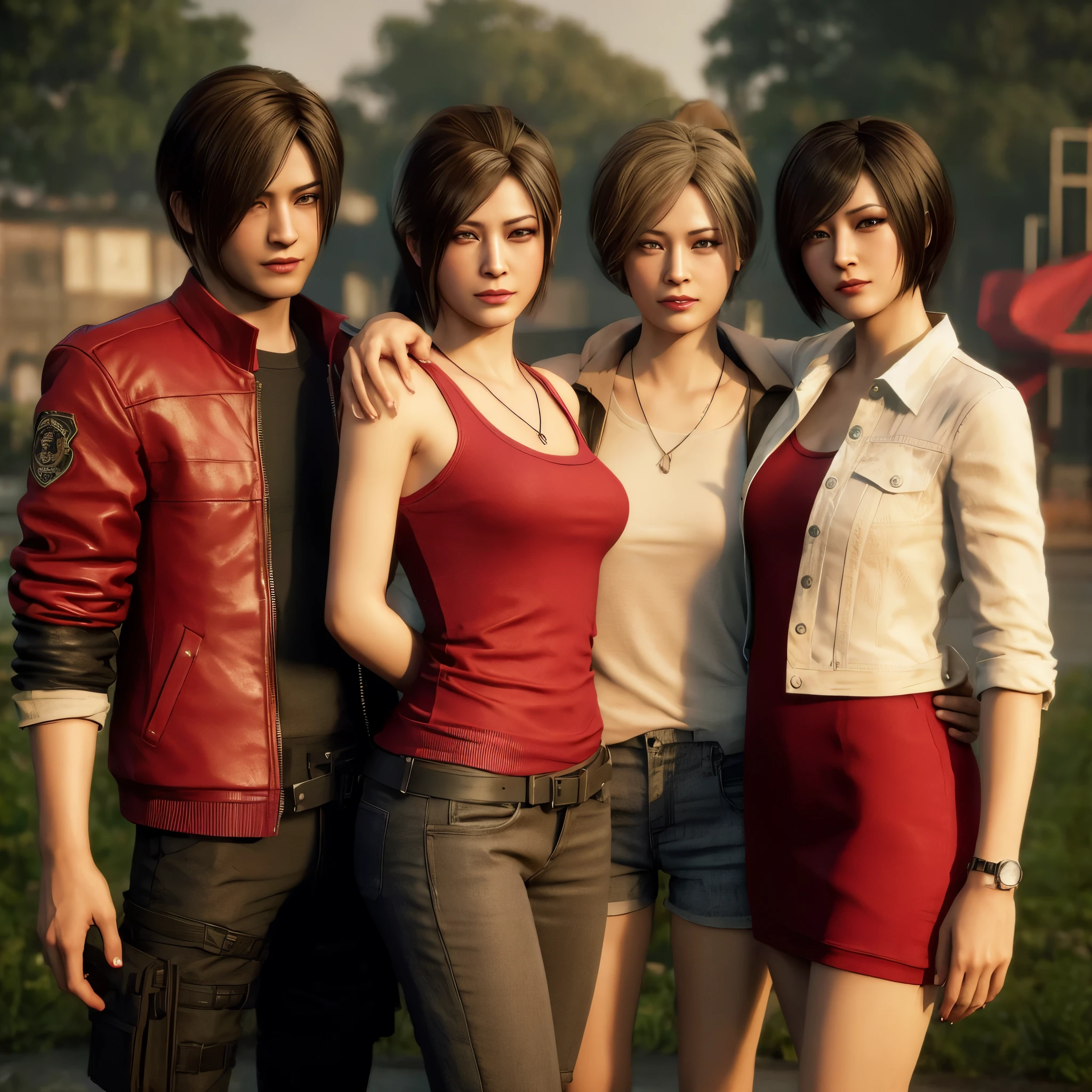 Ada wong ,Woman, wearing red hoody dress, bob hair, red polish, Calm expression, little smile