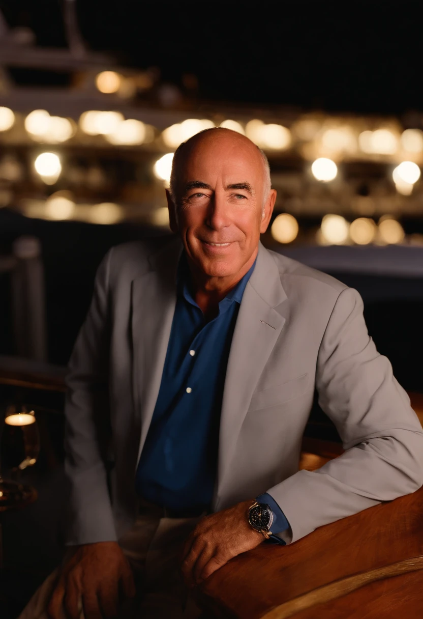 A photo of David Geffen enjoying an evening of stargazing on the top deck of his yacht.,original,In terms of appearance, Geffen is typically seen in smart-casual attire, projecting a professional yet approachable image befitting his status as a media mogul. With a clean-shaven face, neatly trimmed hair, and a composed demeanor, he conveys a sense of quiet confidence and understated elegance.