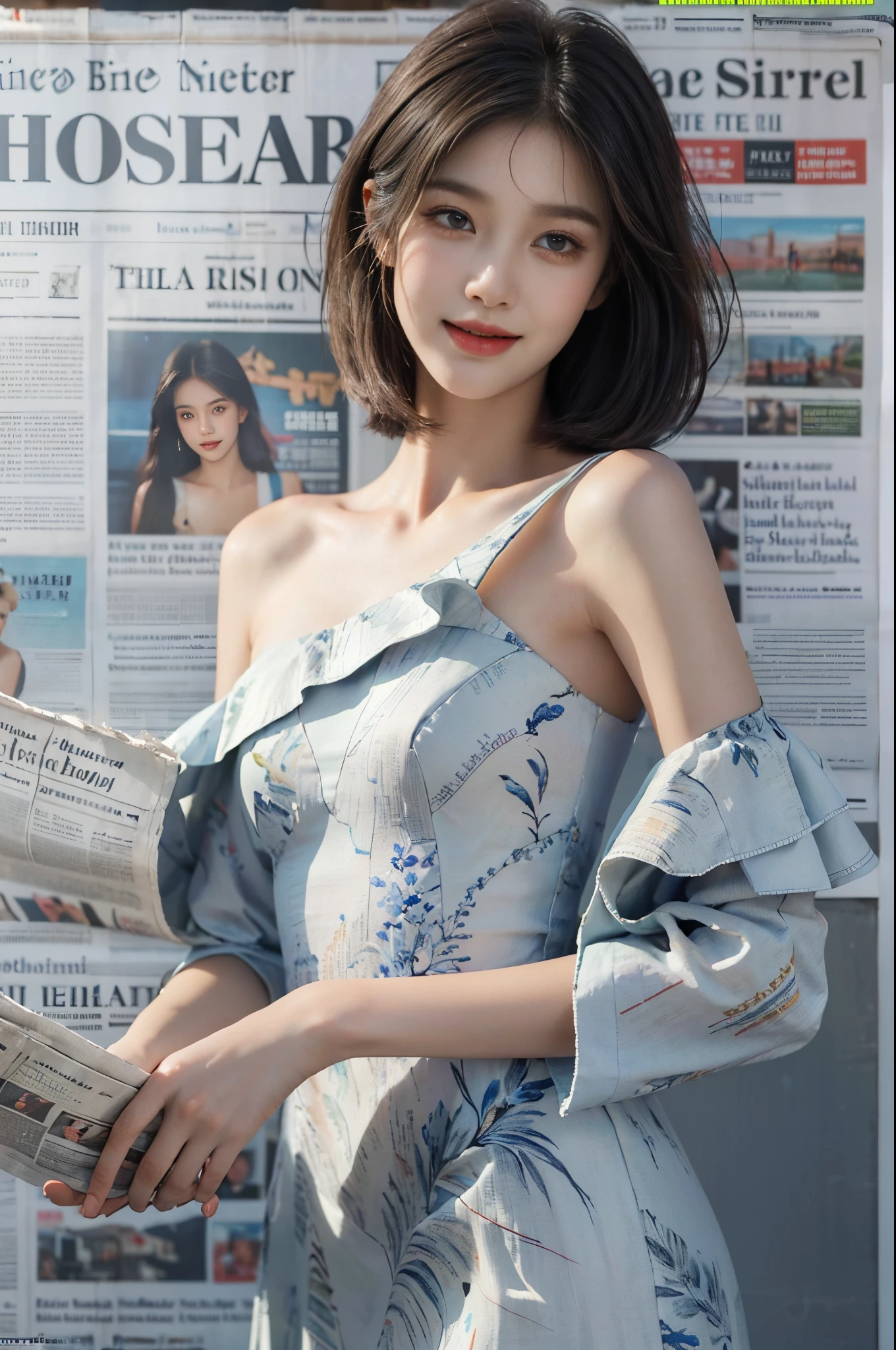 (Masterpiece, Best Quality, High Resolution),(newspapers Background),a sweet Girl,((shoulder length bob Hair)),straight Hair,small head,small face,clear face,detailed eyes,big watery eyes,detailed face,(dress made of newspapers,Gorgeous newspaper patterned evening dress),from front, Upper Body,small breasts,slim,thin,happy,laughing
