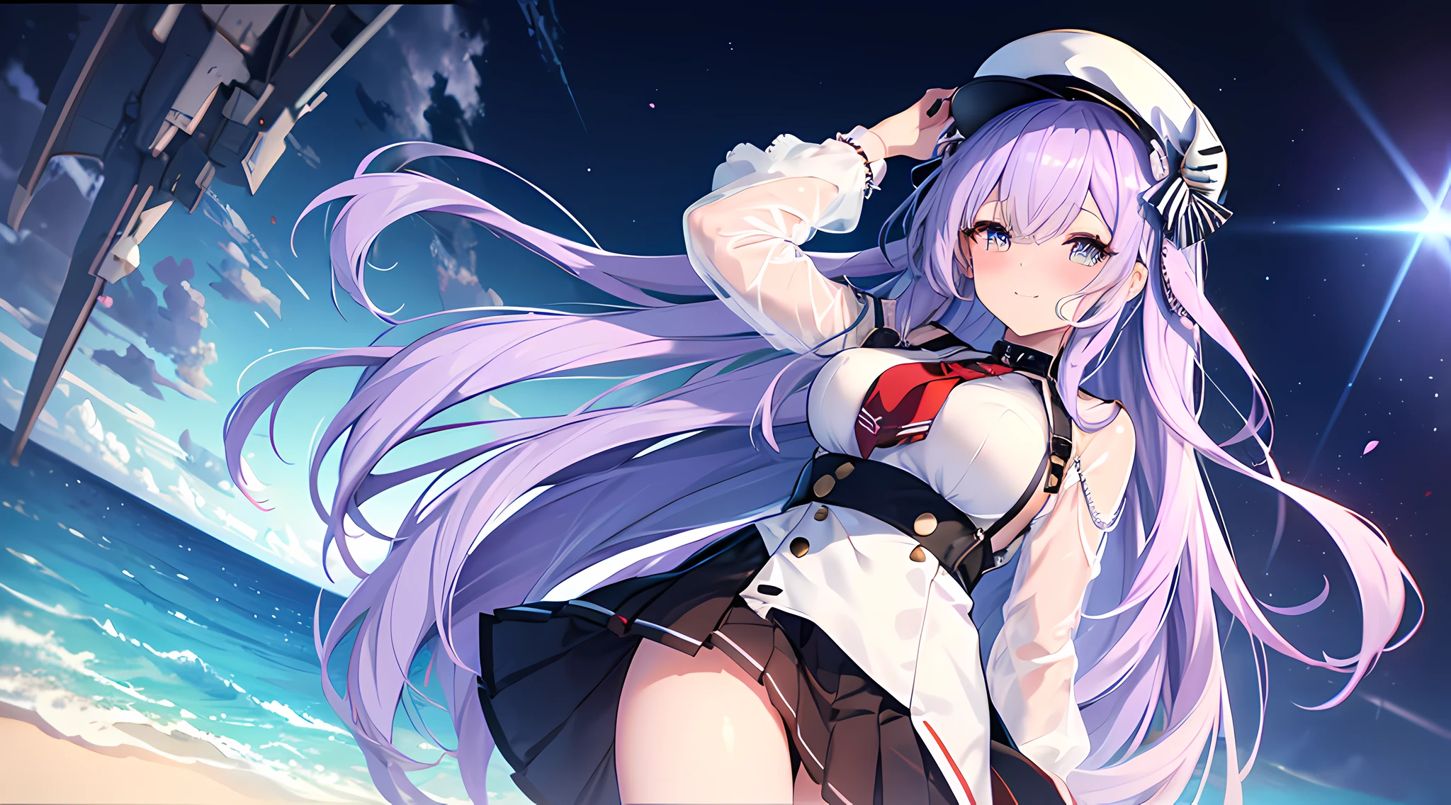 girls are posing for a picture, blushed face, beautiful eyes finely detailed, face to detail, azur lane costume, captain hat, medium skirt, half body anime illustration, azur lane characters, background is cockpit room, azur lane style, azur lane style, anime girls, devil smile, 4k quality