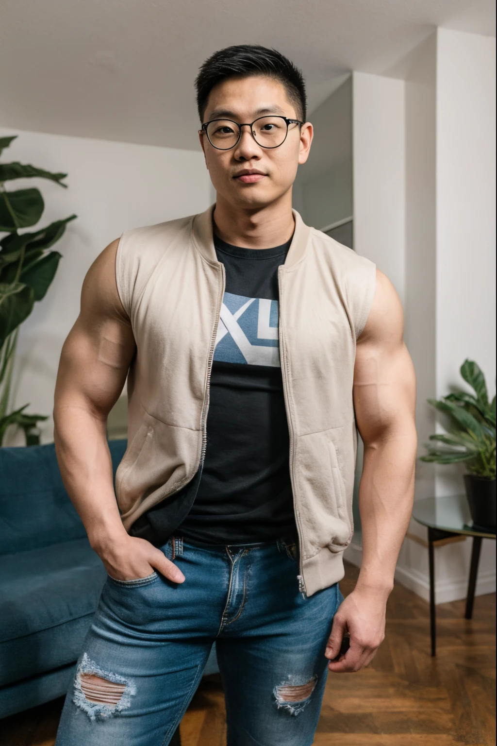 Andrew thomas huang, eyeglasses, short hair, (((neat muscular))), jacket, tshirt, ripped jeans, living room