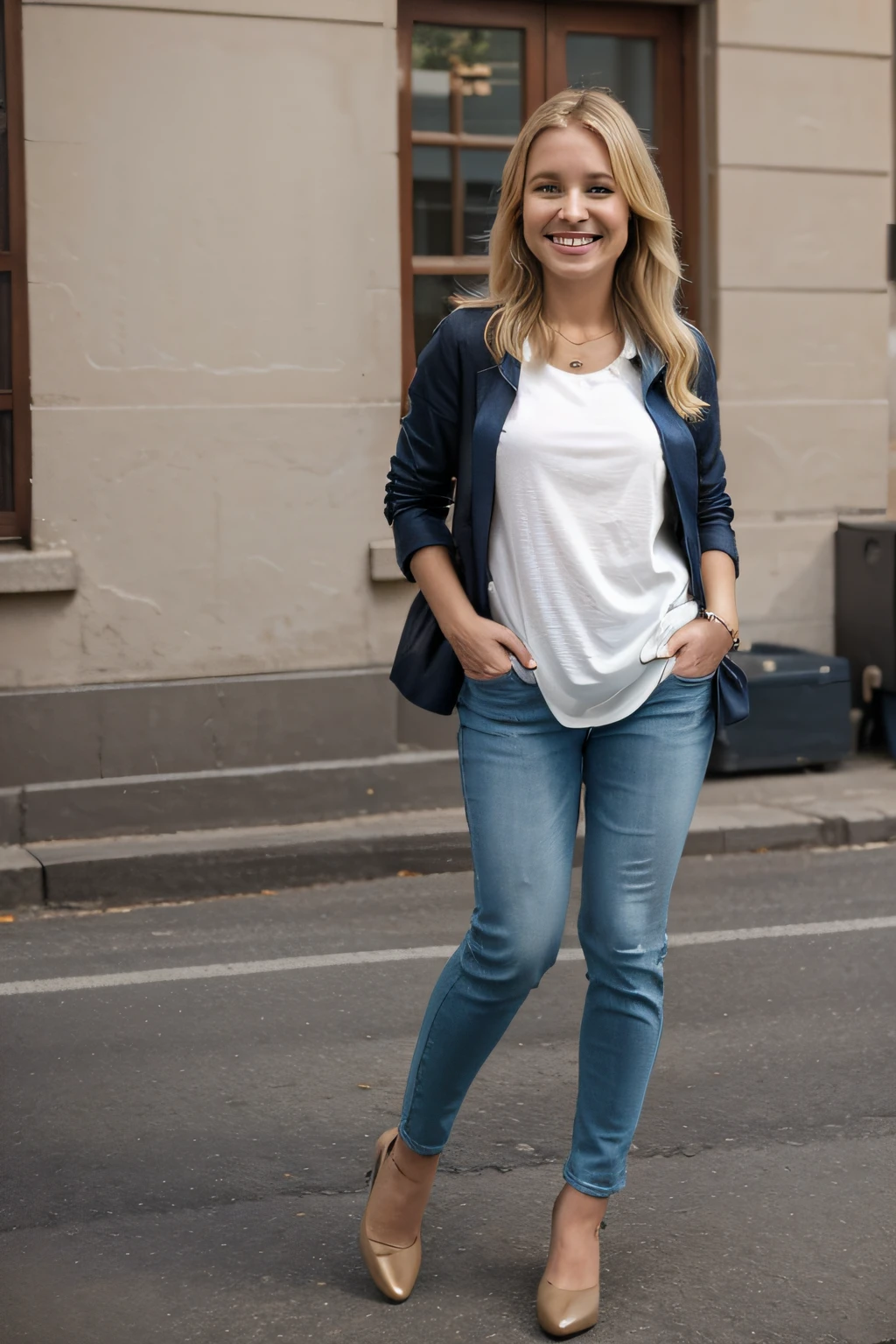girl blonde, smiling, full body, fully clothed
