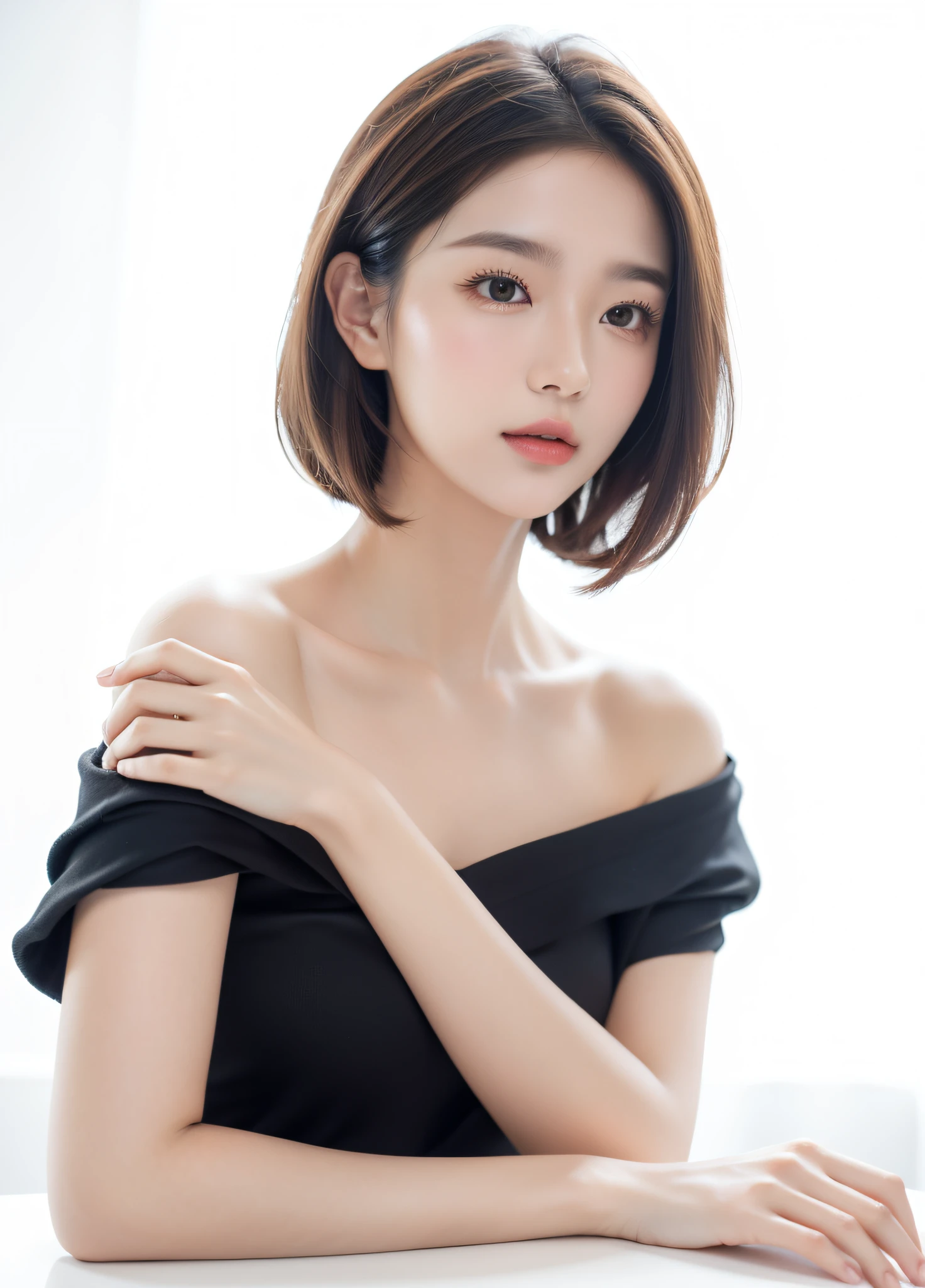 one-girl,Look in front of you, fine clavicle,short detailed hair,cropped shoulders, Lace transparent lingerie,Squeeze out the chest,Big breasted 1.5,DEEP-V COLLAR,exposing your navel,(8K, RAW photography, top-quality), (hentail realism, Photorealsitic: 1.37), one-girl, A smile、profesional lighting, physically-based renderingt, excellent quality photos,(clearface), (Detailed face description), realisticlying, extreme light and shadows,Pale color background,Bust photo,Frontal photo