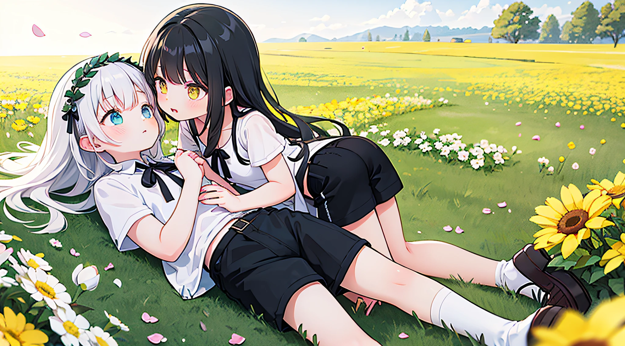 (2teenage boys with messy black hair and yellow eyes, messy white hair and aqua eyes),landscape,piece of art,best quality,high resolution,masterpiece:1.2,cute,flower crown on head,black shorts,white short-sleeved shirt,black ribbon,white socks,black shoes,matching outfits,elegant,surrounded by flowers,best quality,flower petals,bright background,bathed in sunlight,detailed and finely drawn faces,fair and smooth skin,looking at each other,in their own world,in a wide flower field,detailed background