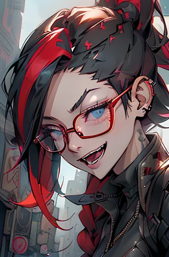 1nerdy Japanese 30yo woman with glasses, (braided multicolored hair:1.5), ((boyish)), (low pony tail:1.5), ((messy hair:1.0), (two-tone hair:1.5), (half black and half red hair:1.5)), ((on the left side is black hair:1.5), (on the right side is red hair:1.5)), (((black-rimmed round glasses))), (((beautifully detailed face))), (((perfect face))), (((Beautiful detailed eyes))), (((perfect eyes))), sharp eyes, (Dark Blue eyes:1.3), (gothic makeup with so many eyelashes and jet black eyeshadow), ((sadistic grinning smile:1.2), (open mouth:1.5)), (bronze skin:1.5), ((open stand neck blaze), (loose crop top)), street fashion, (Solo), perfect anatomy, slender, small bust, abs, (thin waist), (handsome face:1.3), ((crazy smile:1.0), (teeth fangs:1.3)), (dark skin:1.5), (Narrowed Eyes:1.1), (half-closed eyes:1.4), (natural forehead:0.8), (piercings:1.2), (((black thick rimmed glasses))), (high detailed skin), ((top-quality)), ((High Definition)), ((beautiful detailed)), high quality shadow, mostly cloudy sky, ((official art)), Cyberpunk city street background, anatomically correct, (((Best Quality))), (((masterpiece))), (((Super Detail))), (((UHD)))