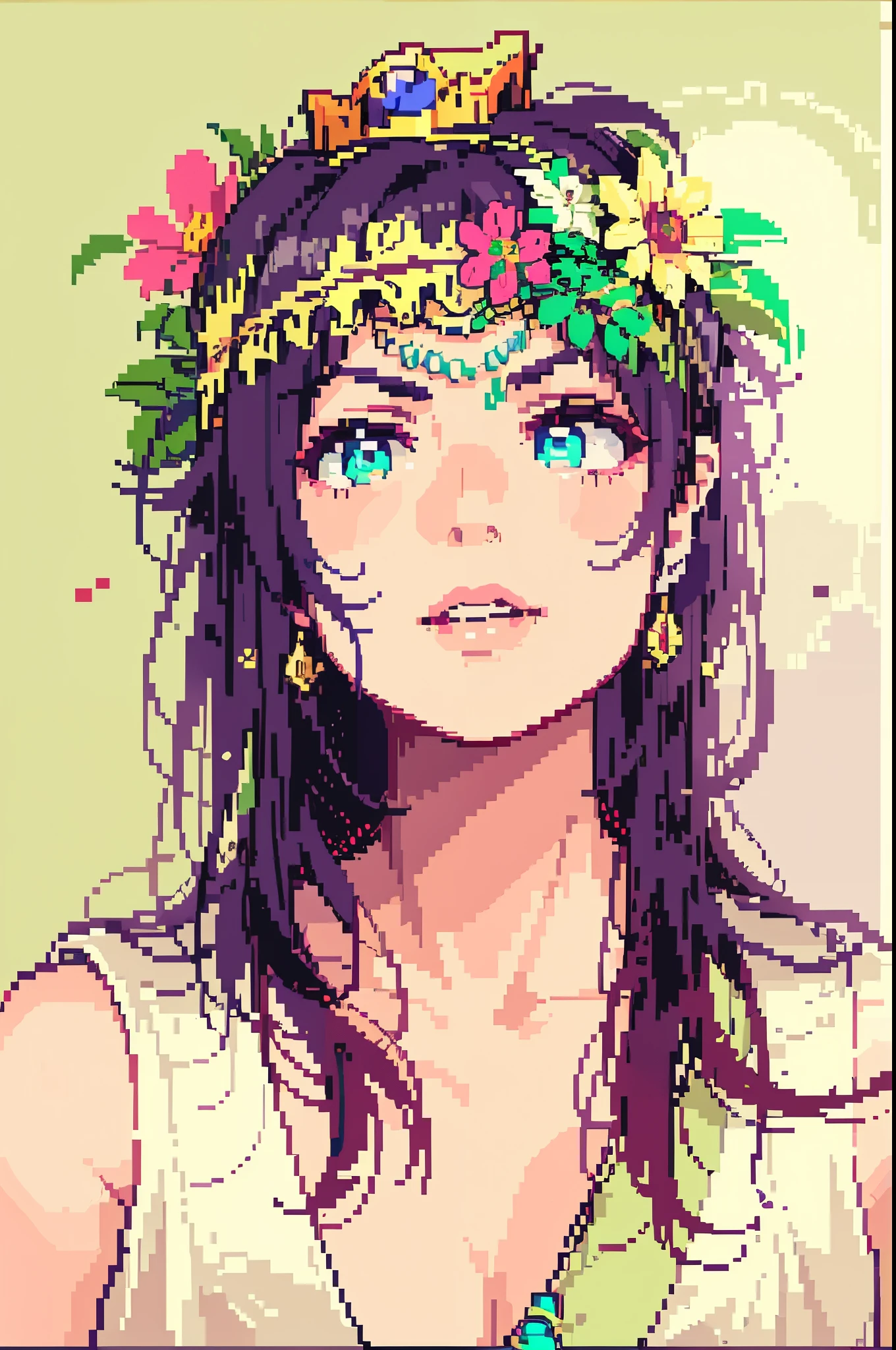 there is a woman with a flower crown on her head, flower storm portrait,((Pixel Art Style)), pixels, pixel art de 4 bits, pixel art oficial, Nothing ridiculous, pixel art super detalhado, ((Mario)), cogumelos, cenas do Mario, castelos, canos, treasure chests, brazi, folhas, pastagem