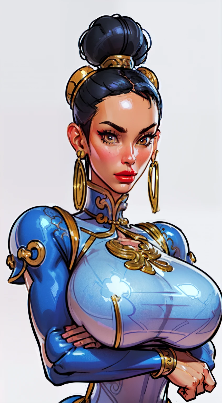 ((masterpiece)),(((best quality))),((character design sheet)), ((chun_li)), ((full body view)) mature face, (twin hair buns),((asian eyes:1.4)), (((intricate futuristic breastplate))), defined cheekbones, high cheekbones, illustration, muscular, sexy bimbo, (gigantic breasts:1.7) black hair, ((detailed face:1.4)) beautiful woman, (Chinese:1.4) (white skin:1.4) , (red lipstick:1.4), shiny skin, scribbles and marks,(puffy lips:1.4) , rough sketches, pose, 8k,16k, (simple background, white background: 1.3) ((cool color palette)), ((cyberpunk aesthetic))