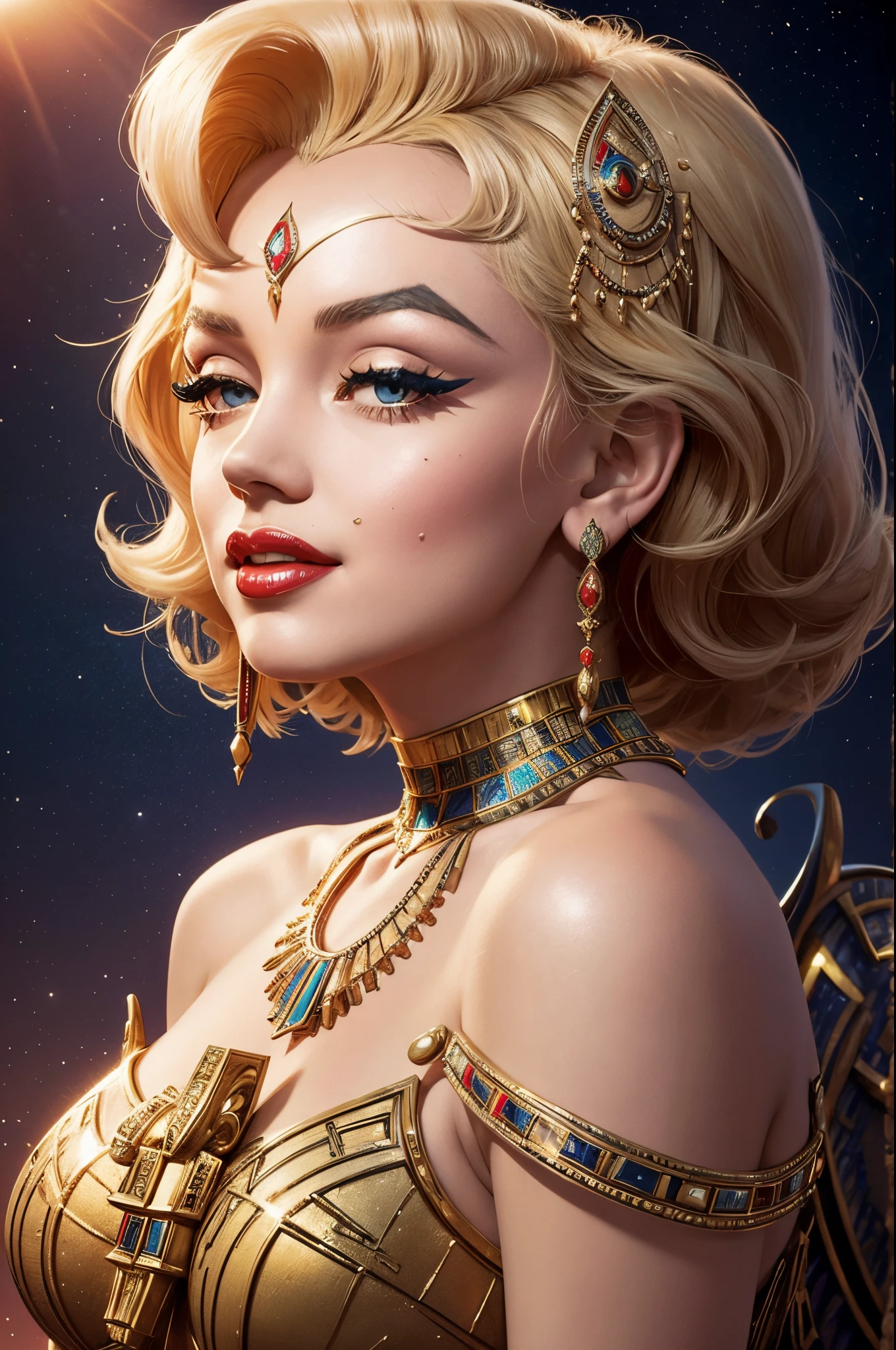 "Generate an AI image depicting Marilyn Monroe transformed into a mythical goddess inspired by ancient Egyptian iconography, blending the glamour of Hollywood with the regal aura of Egyptian deities."