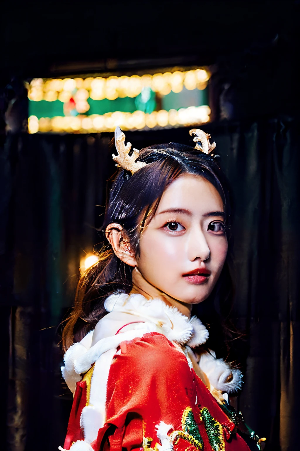 Masterpiece,Row photo, full body shoot, photography, details,araffe with a santa clause and a christmas tree, 🤬 🤮 💕 🎀, wearing festive clothing, 🕹️ 😎 🔫 🤖 🚬, wearing a santa hat, wearing santa hat, by Julia Pishtar, young woman with antlers, brandon woelfel, christmas night, 1614572159, unknown artist, Christmas Party, lightings, details skin, posting, photo shooting