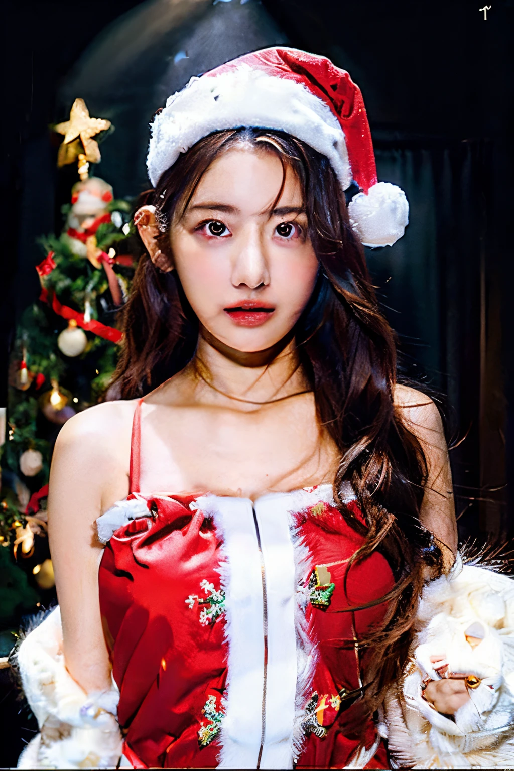 Masterpiece,Row photo, full body shoot, photography, details,araffe with a santa clause and a christmas tree, 🤬 🤮 💕 🎀, wearing festive clothing, 🕹️ 😎 🔫 🤖 🚬, wearing a santa hat, wearing santa hat, by Julia Pishtar, young woman with antlers, brandon woelfel, christmas night, 1614572159, unknown artist, Christmas Party, lightings, details skin, posting, photo shooting