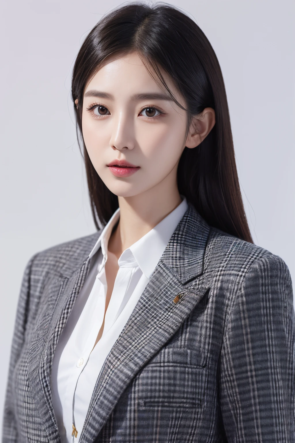 Close-up of a woman in a suit posing for a photo,with a pure white background，Sit，Bust photo，The character is facing the camera，Li Zixin, gongbi, Zhang Wanting, Yun Ling, wenfei ye, hwang se - on, Choi Hyun-hwa, Zhang Pengzhen, lee ji eun, Lee Ji-eun, zeng fanzh, Lu Ji, chengyou liu, xintong chen