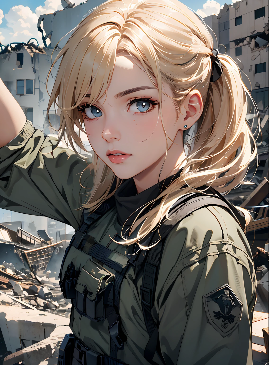 female soldier in the ruins、An illustration that cannot be uploaded to related content due to a bug no matter how many times I try.