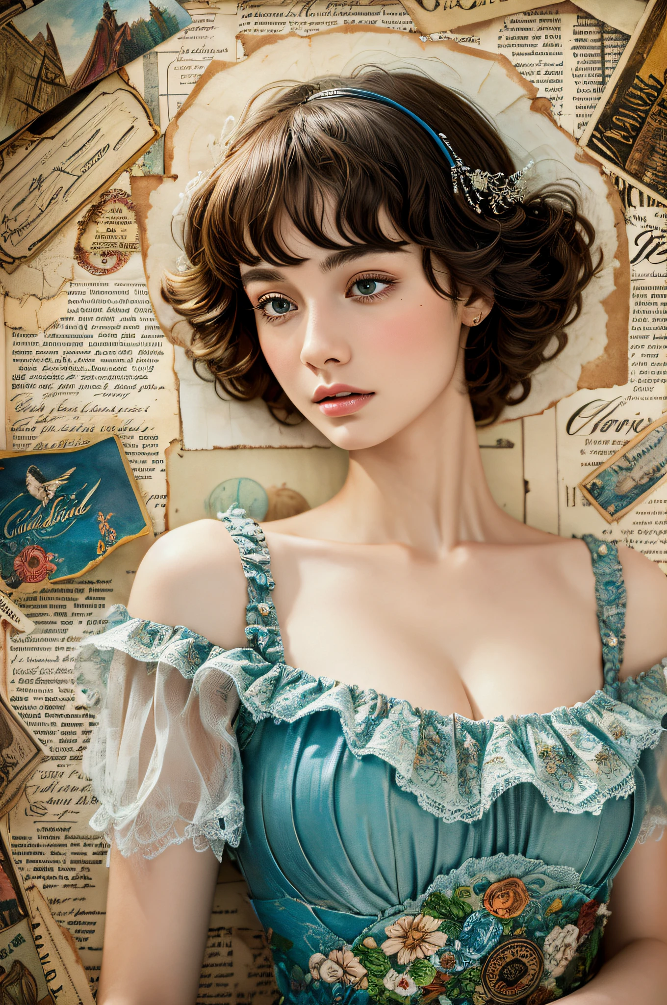 Super detailed alcohol ink painting of gorgeous girl, Made on top of a mixed-media masterpiece patchwork of stress-free vintage script paper, Ephemera, Torn cardboard, Vintage newspaper, Vintage sheet music, Wax Seal, Dress made of paper ruffles and life-size dainty lace, in the style of [Junk Journal, double exposure, Equal to the size of the body, Greg Simkins, Mark Davis, Oliver Jeffers, Andy Kehoe], Cinematic, Stunning, Highly detailed, 8K, dehazed