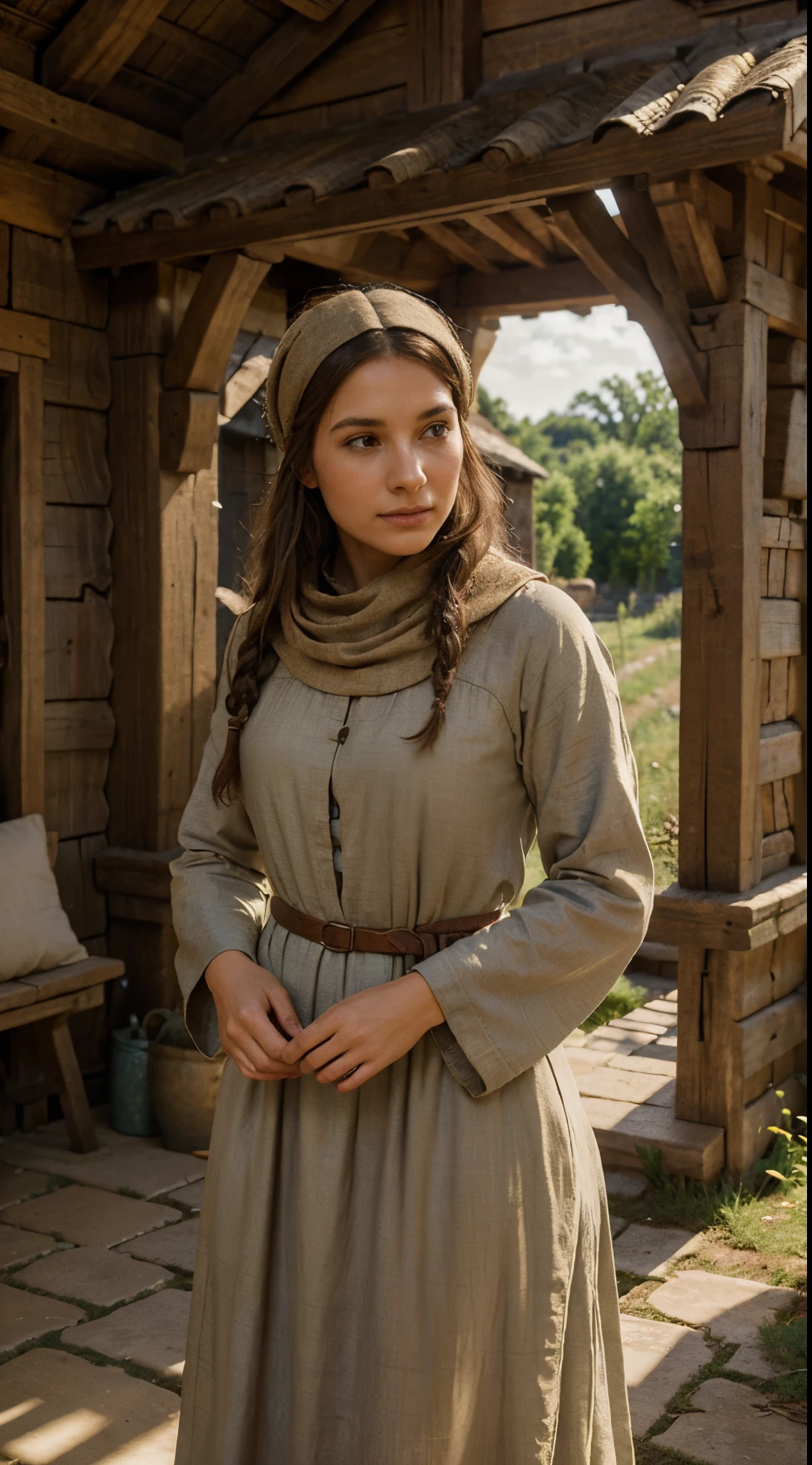 Generate an image of a beautiful medieval peasant woman, embodying the rustic charm of the Middle Ages. Describe her with earthy-toned, layered clothing, a simple gown or tunic paired with a modest headscarf or bonnet. Capture the authenticity of her environment with cinematic lighting that highlights the rural surroundings. Depict her in a natural and genuine posture, perhaps engaged in daily tasks or enjoying a moment in the serene countryside. Utilize diverse keywords from the SeaArt list for each category to ensure a rich and visually engaging representation of her medieval peasant appearance.