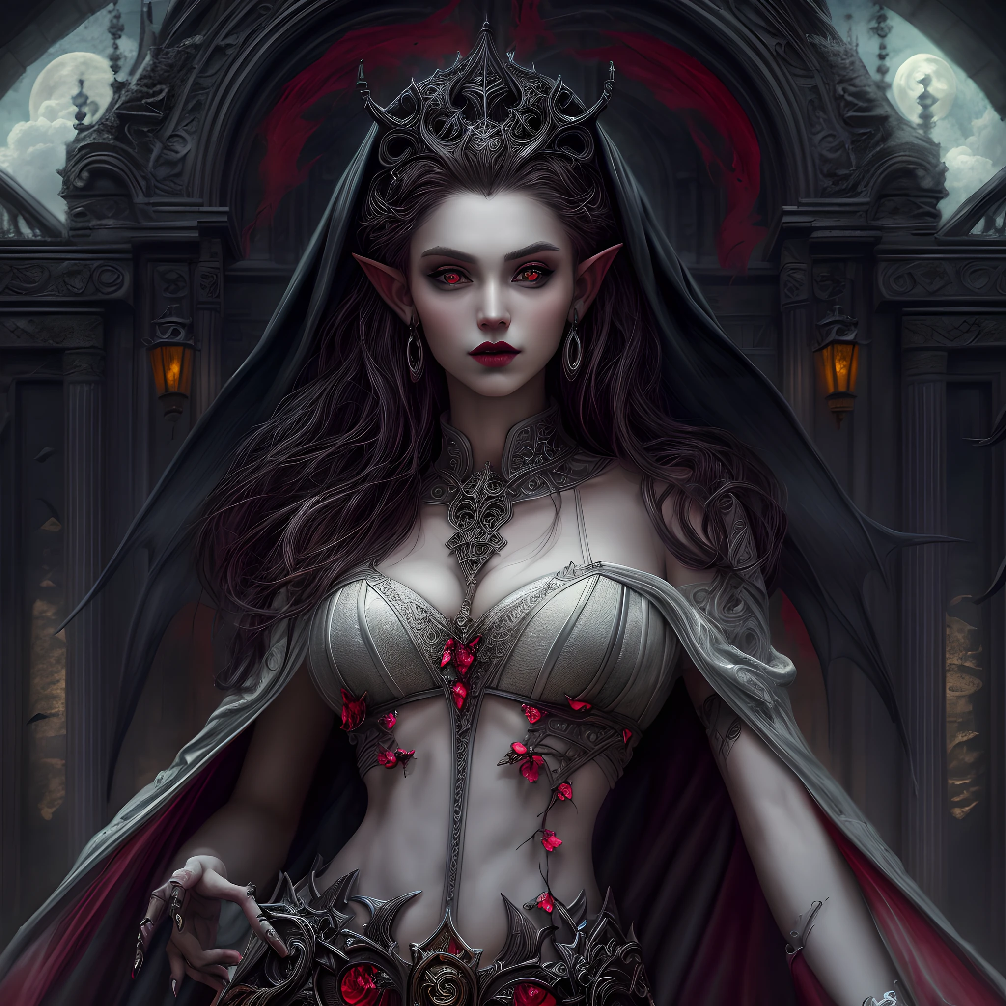 arafed, dark fantasy art, gothic art, (masterpiece:1.5), full body best details, highly detailed, best quality, highres, full body portrait of a vampire, elf (1.6, Masterpiece, best quality), ultra feminine (1.4 intricate details, Masterpiece, best quality) with a long curvy hair, dark color hair, red eyes (1.3 fantasy art, Masterpiece, best quality), ((beautiful delicate face)), Ultra Detailed Face (1.4 intricate details, fantasy art, Masterpiece, best quality), [visible sharp vampiric fangs] (1.6 intricate details, fantasy art, Masterpiece, best quality), [anatomically correct] red cloak, flowing cloak (1.4 intricate details, fantasy art, Masterpiece, best quality), wearing an intricate leather [white] dress (1.4 intricate details, gothic art, Masterpiece, best quality), high heeled boots, blood dripping on lips, urban background (intense details, beat details), fantasy, at night light, natural ,moon light, soft moon light, moon rays, clouds, gothic atmosphere, gothic street background, bats flying in background, soft light, dynamic light, [[anatomically correct]], high details, best quality, 8k, [ultra detailed], masterpiece, best quality, (extremely detailed), dynamic angle, ultra wide shot, RAW, photorealistic
