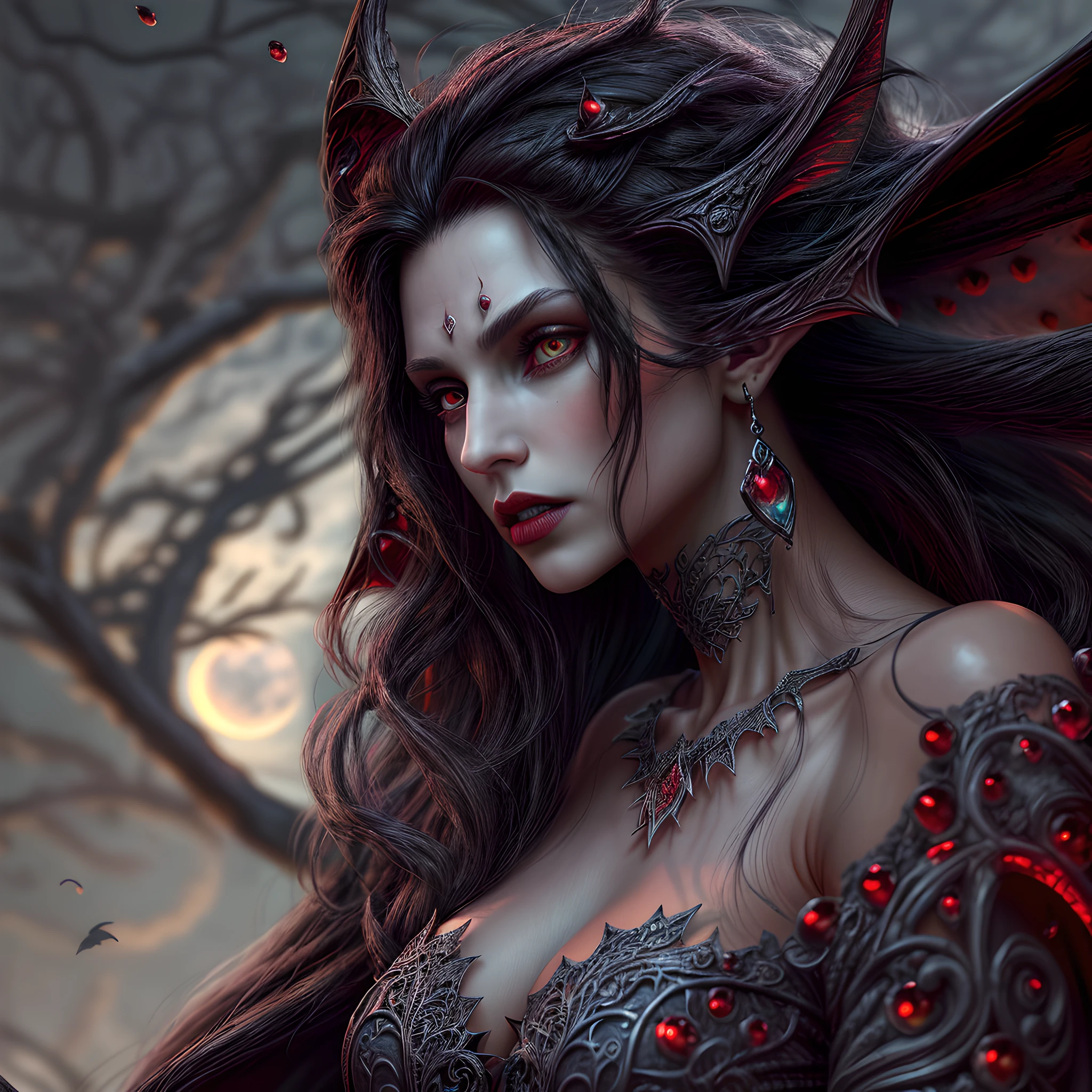 arafed, dark fantasy art, gothic art, (masterpiece:1.5), full body best details, highly detailed, best quality, highres, full body portrait of a vampire, elf (1.6, Masterpiece, best quality), ultra feminine (1.4 intricate details, Masterpiece, best quality) with a long curvy hair, dark color hair, red eyes (1.3 fantasy art, Masterpiece, best quality), ((beautiful delicate face)), Ultra Detailed Face (1.4 intricate details, fantasy art, Masterpiece, best quality), [visible sharp vampiric fangs] (1.6 intricate details, fantasy art, Masterpiece, best quality), [anatomically correct] red cloak, flowing cloak (1.4 intricate details, fantasy art, Masterpiece, best quality), wearing an intricate leather [white] dress (1.4 intricate details, gothic art, Masterpiece, best quality), high heeled boots, blood dripping on lips, urban background (intense details, beat details), fantasy, at night light, natural ,moon light, soft moon light, moon rays, clouds, gothic atmosphere, gothic street background, bats flying in background, soft light, dynamic light, [[anatomically correct]], high details, best quality, 8k, [ultra detailed], masterpiece, best quality, (extremely detailed), dynamic angle, ultra wide shot, RAW, photorealistic